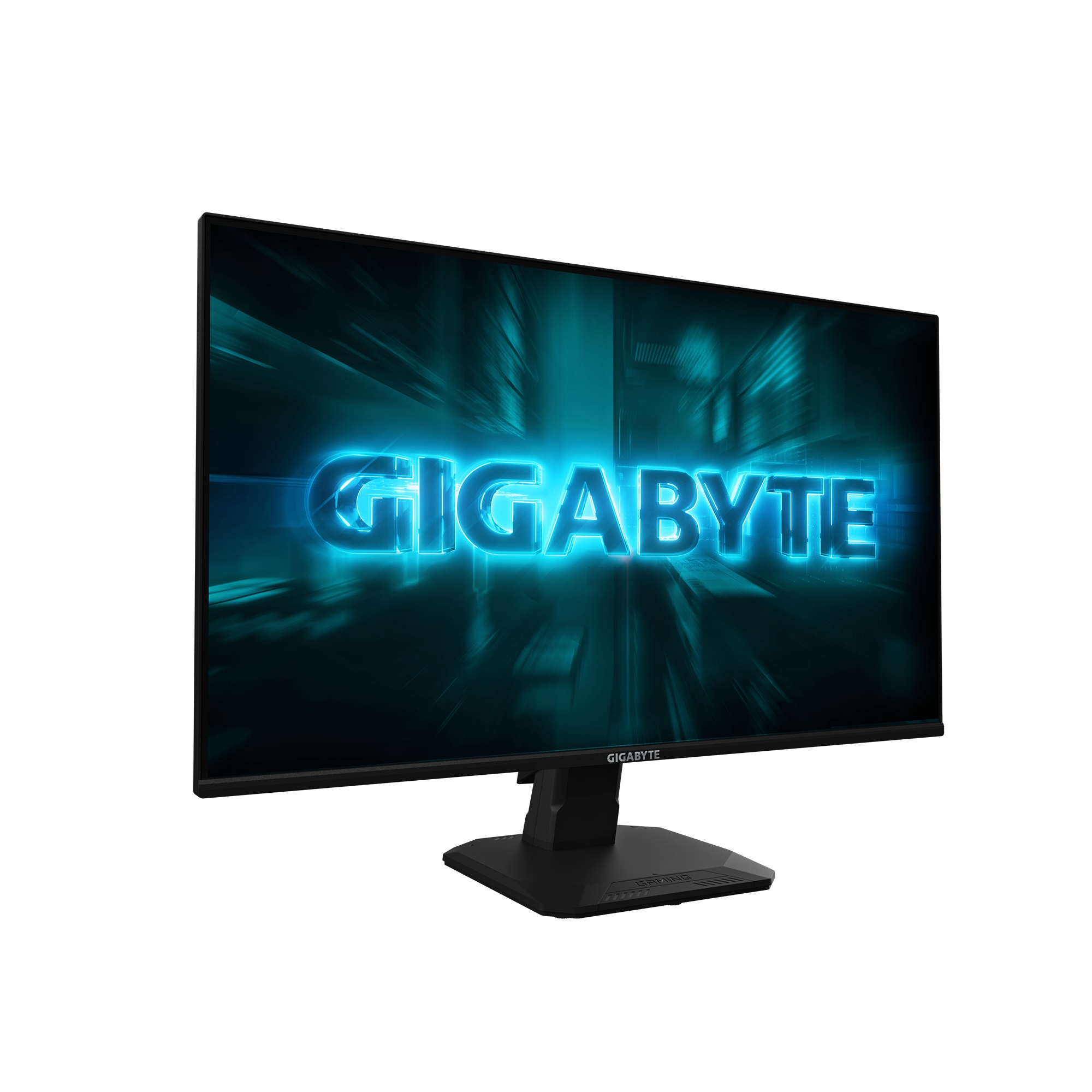 Monitor Gigabyte. Ekran wyświetla niebieskie logo Gigabyte. Monitor jest czarny i stoi na czarnej podstawce.
