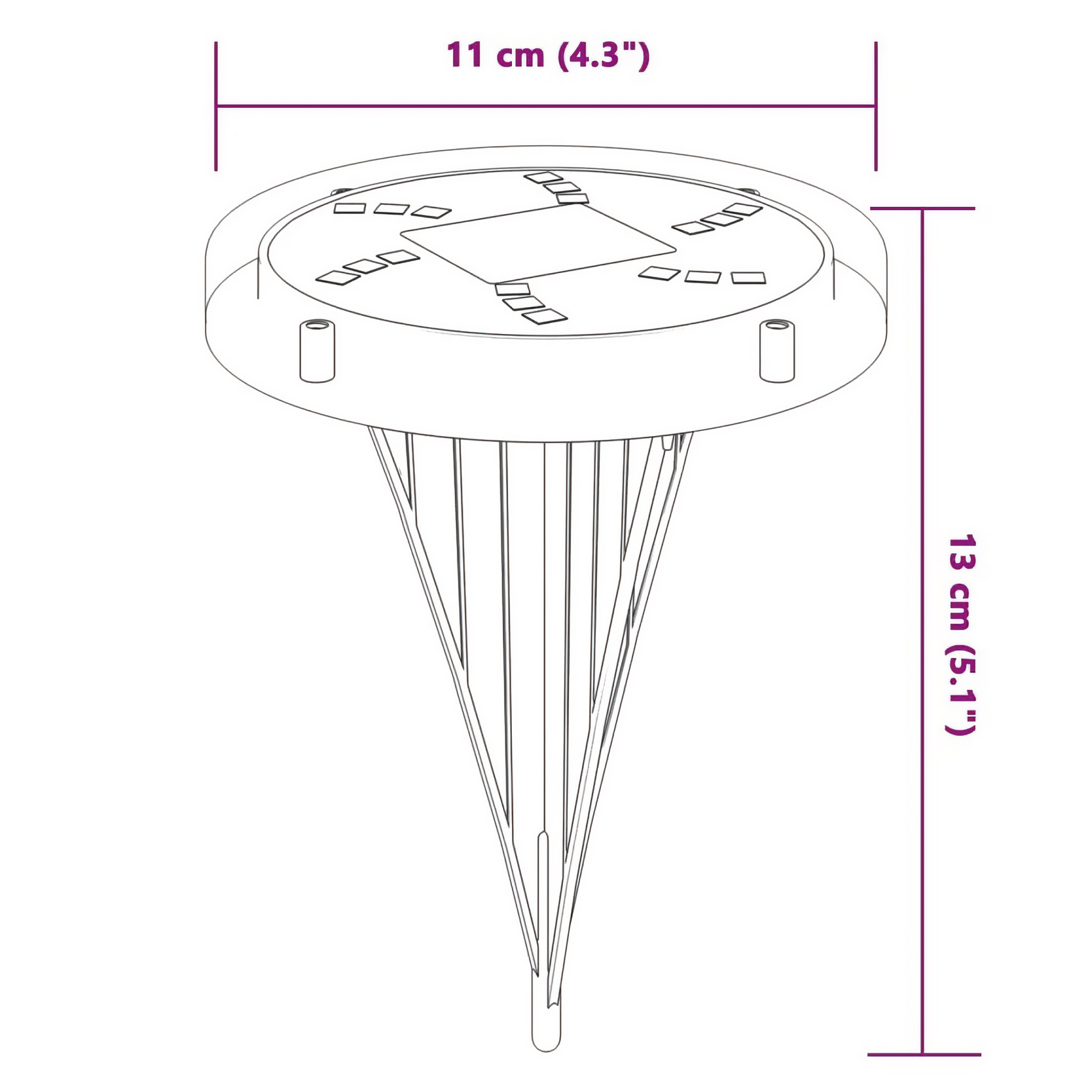 Strichzeichnung einer Solarleuchte. Sie hat eine runde Oberseite mit kleinen Quadraten und eine kegelförmige Basis mit vertikalen Linien. Abmessungen sind angegeben.