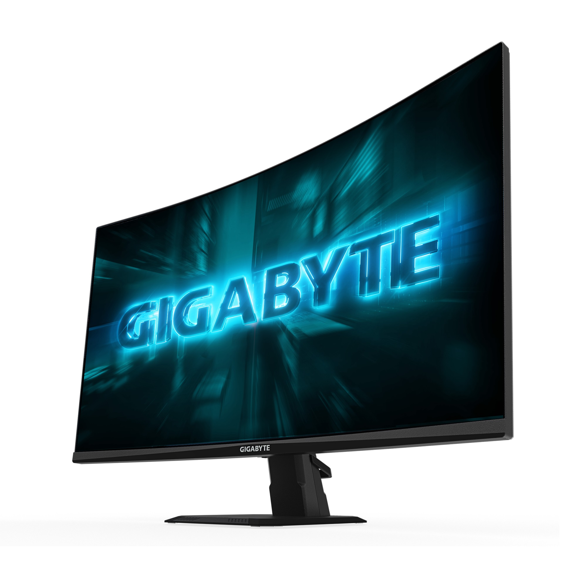 Zakrzywiony czarny monitor z napisem GIGABYTE na niebiesko, na białym tle. Ekran wyświetla futurystyczny design.