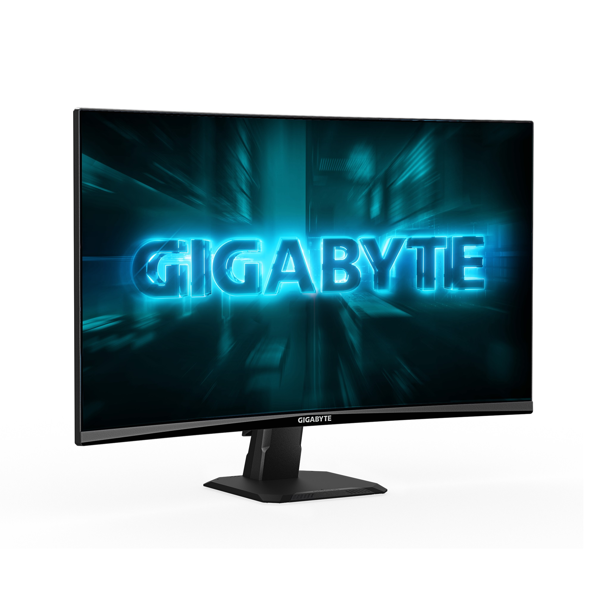 Monitor Gigabyte. Ekran wyświetla niebiesko-czarne tło z nazwą marki świecącą pośrodku.