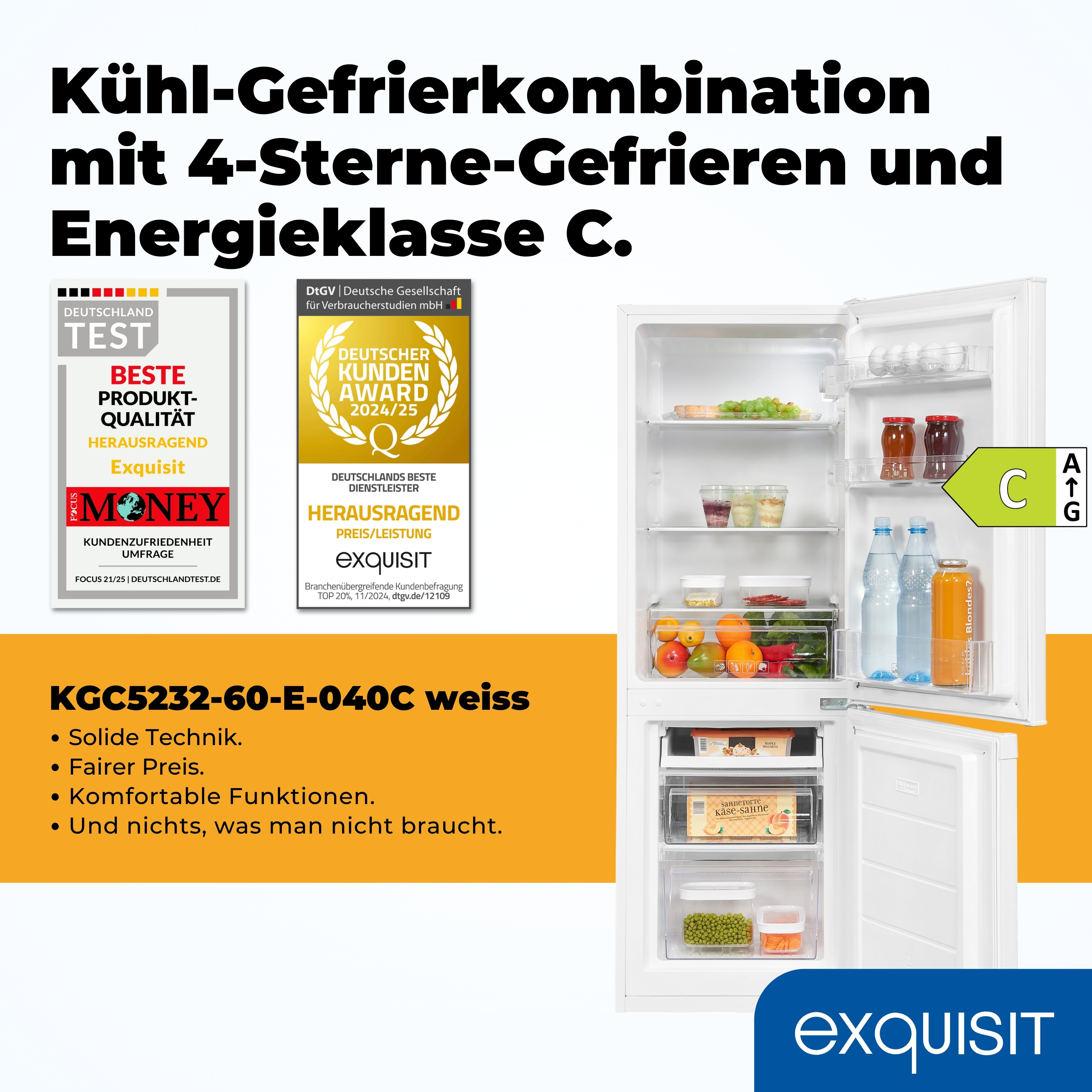Ein weißer Kühlschrank mit Auszeichnungen, Essen im Inneren und Text über Funktionen. Energieklasse C ist sichtbar.