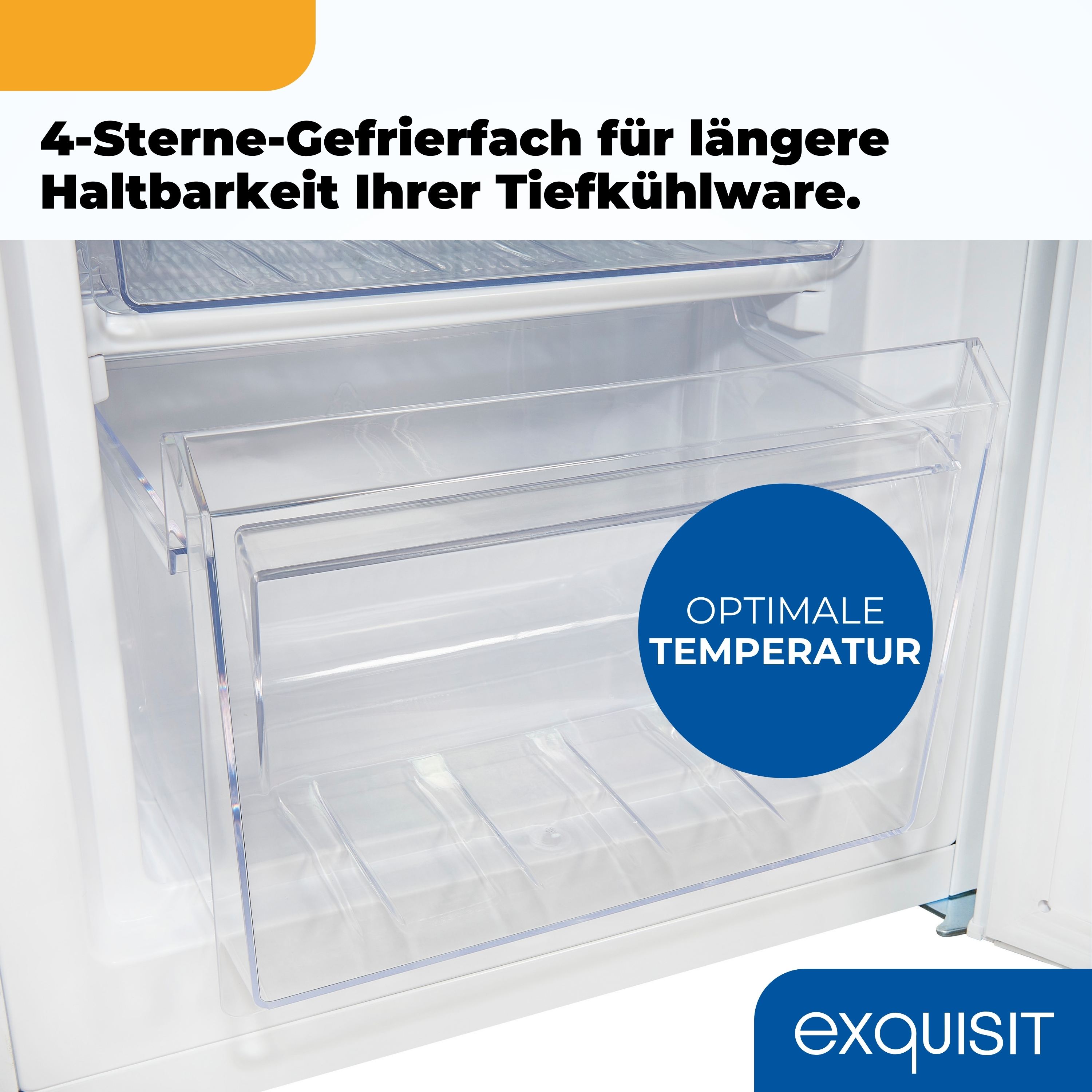 Ein offener Kühlschrank mit einer durchsichtigen Schublade wird gezeigt. Text: 4-Sterne-Gefrierfach für längere Haltbarkeit.