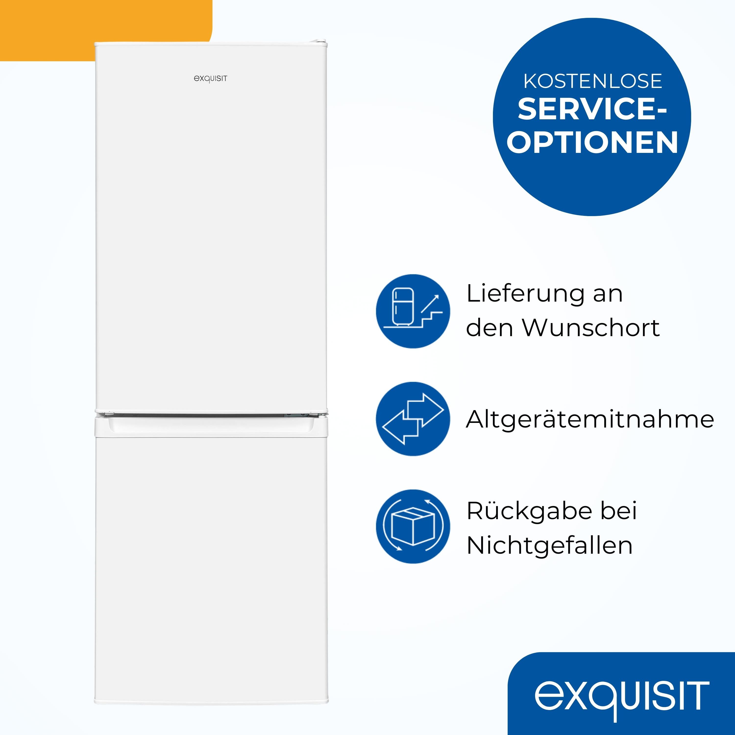 Ein weißer Exquisit-Kühlschrank mit Gefrierfach unten. Es gibt blaue Kreise mit Text über Dienstleistungen.