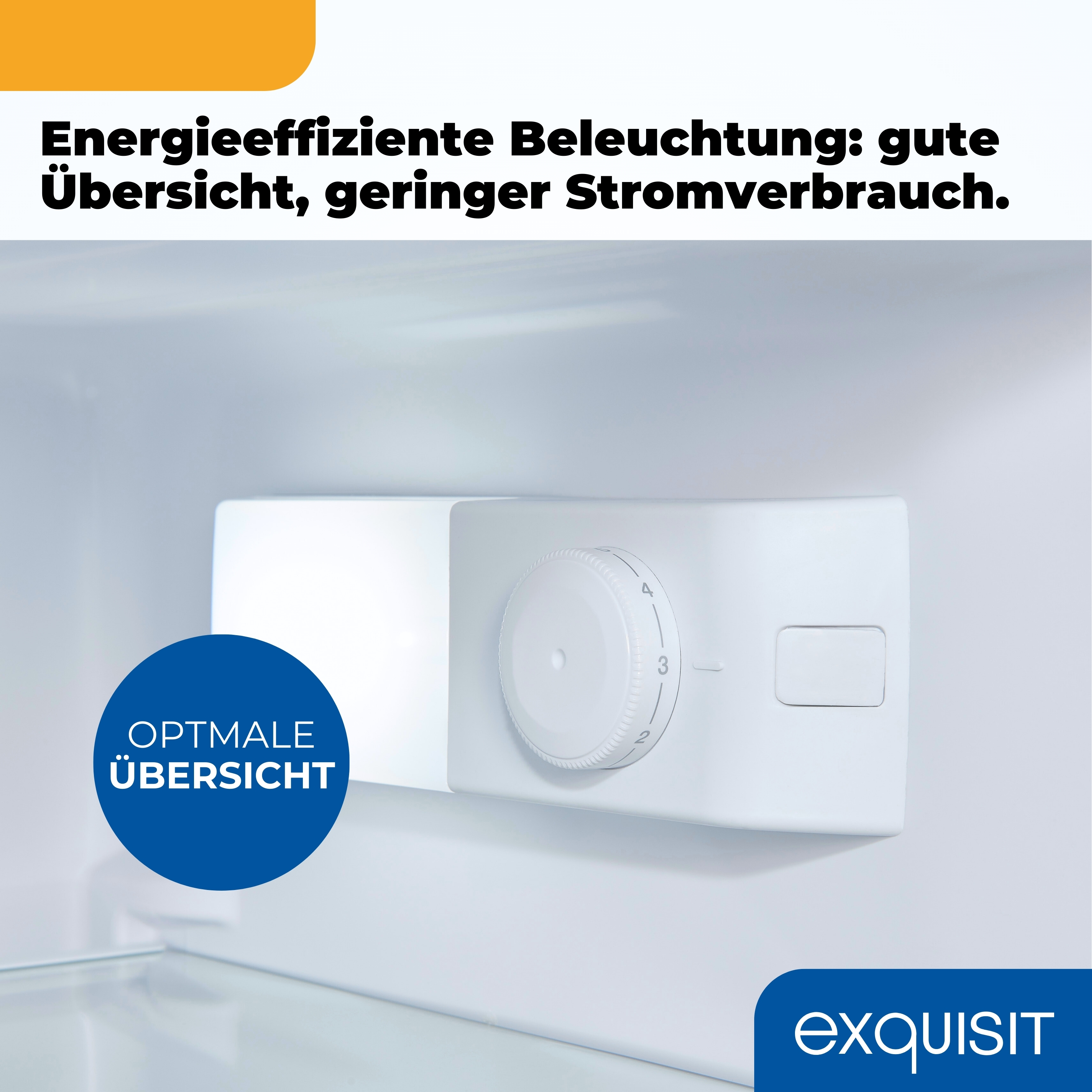 Eine weiße Kühlschrankkomponente mit einem Drehknopf, einer rechteckigen Taste und Text auf Deutsch. Blauer Kreis sagt 'Optimale Sicht'.