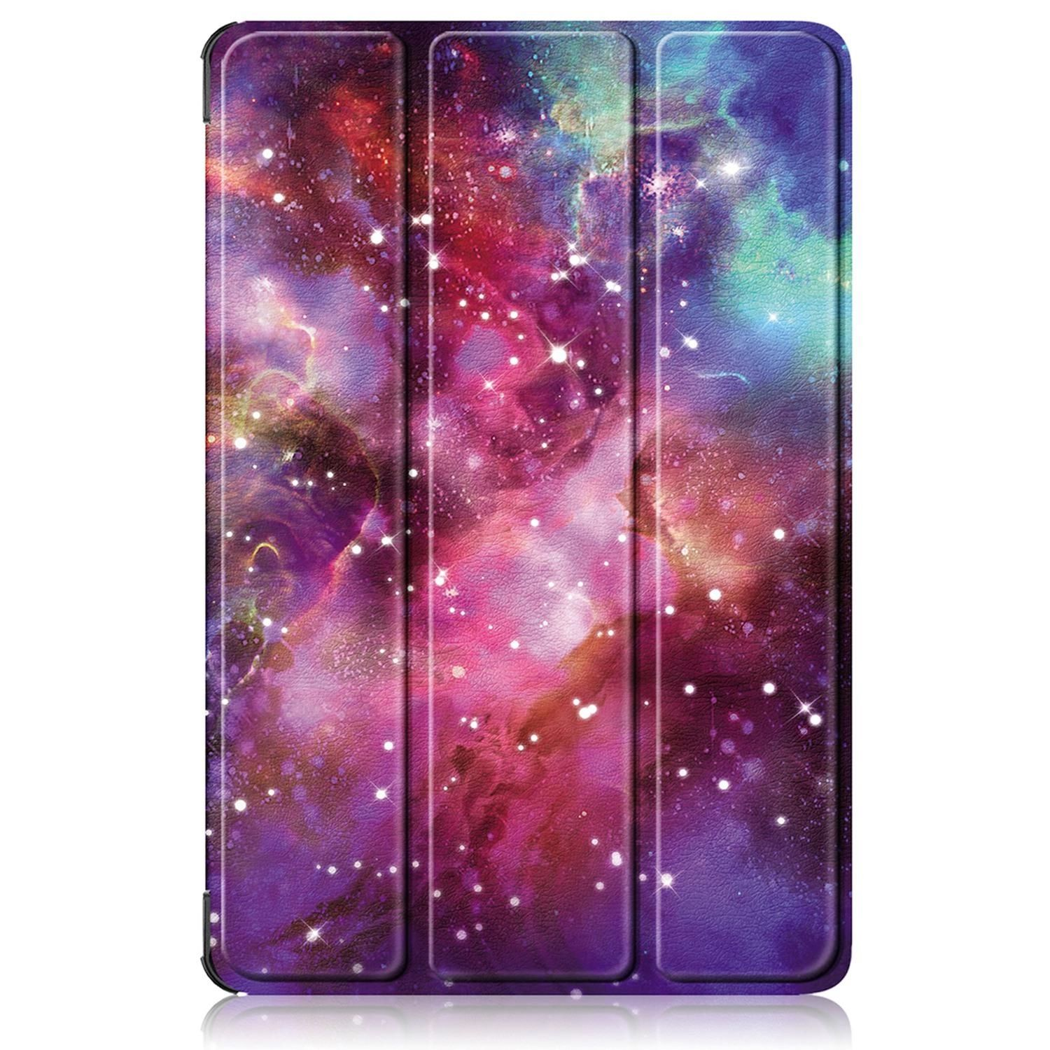 Tablethülle mit Galaxiedesign. Sie hat Schattierungen von Lila, Rosa und Blau, mit weißen, funkelnden Sternen.