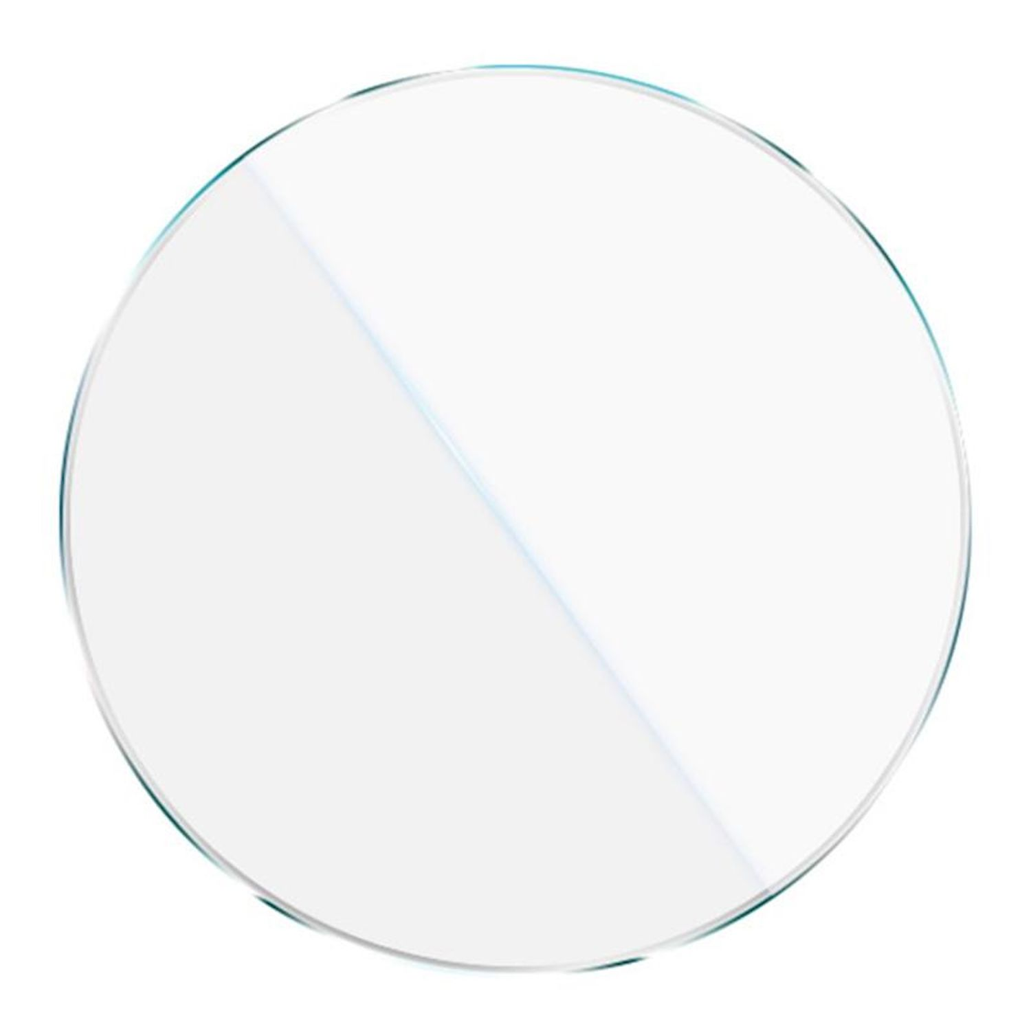 Una lente circolare trasparente con un sottile contorno blu chiaro. Una debole linea diagonale attraversa il centro.