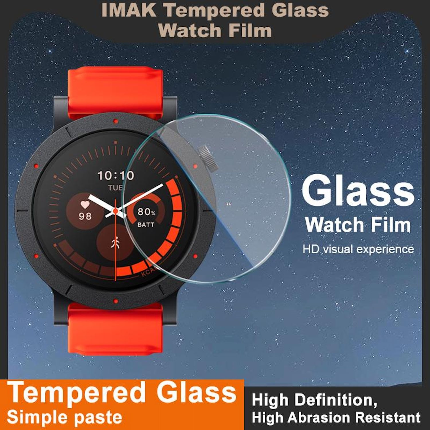 Uno smartwatch con cinturino arancione e protezione schermo. Il quadrante mostra ora, batteria e dati sanitari. Testo sul vetro temperato.