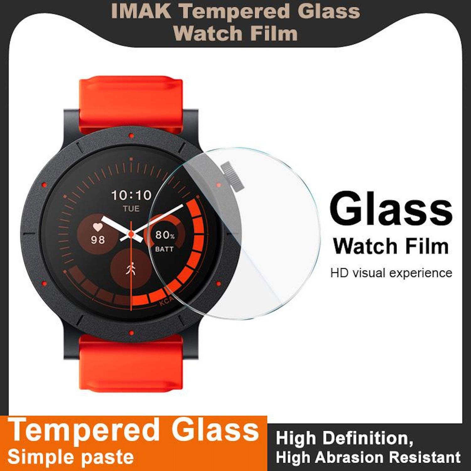 Uno smartwatch con cinturino arancione e protezione schermo. Lo schermo mostra l'ora e la batteria. Testo: 'Tempered Glass Watch Film'.