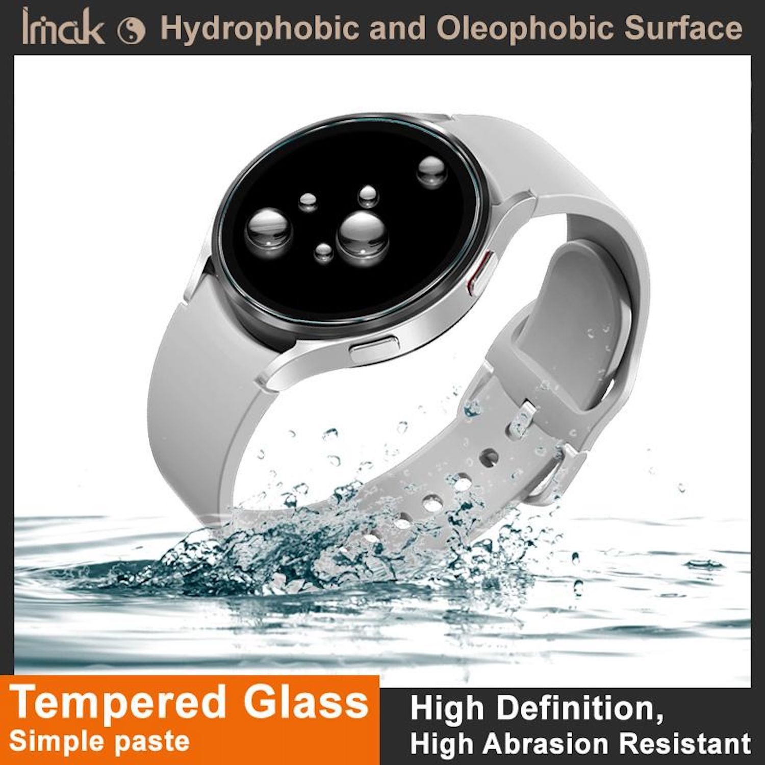 Uno smartwatch bianco con schermo nero è mostrato sopra l'acqua con goccioline. Il testo in basso pubblicizza il vetro temperato.