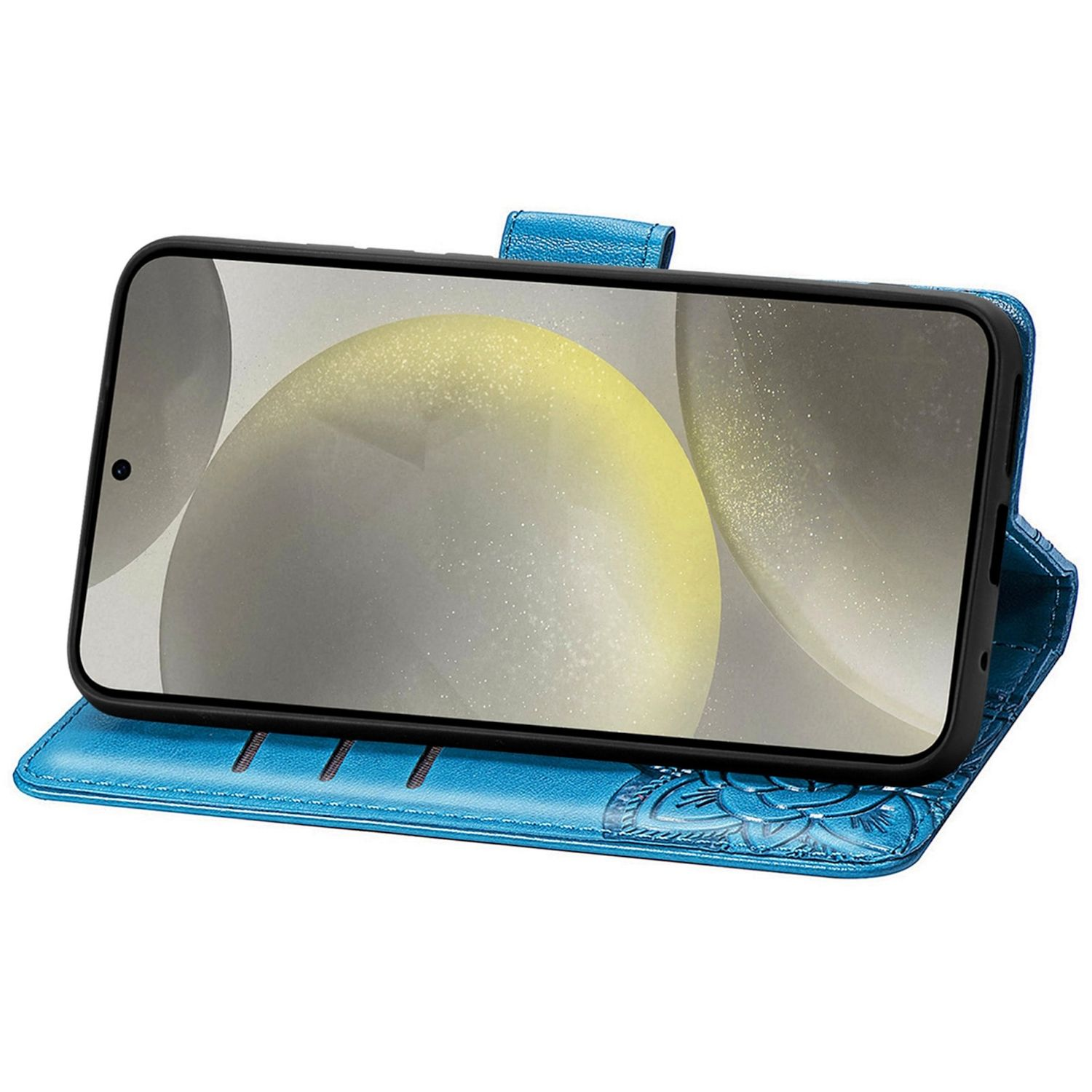 Una funda de teléfono azul con solapa abierta. El teléfono muestra una imagen amarilla clara y gris. La funda tiene patrones florales.