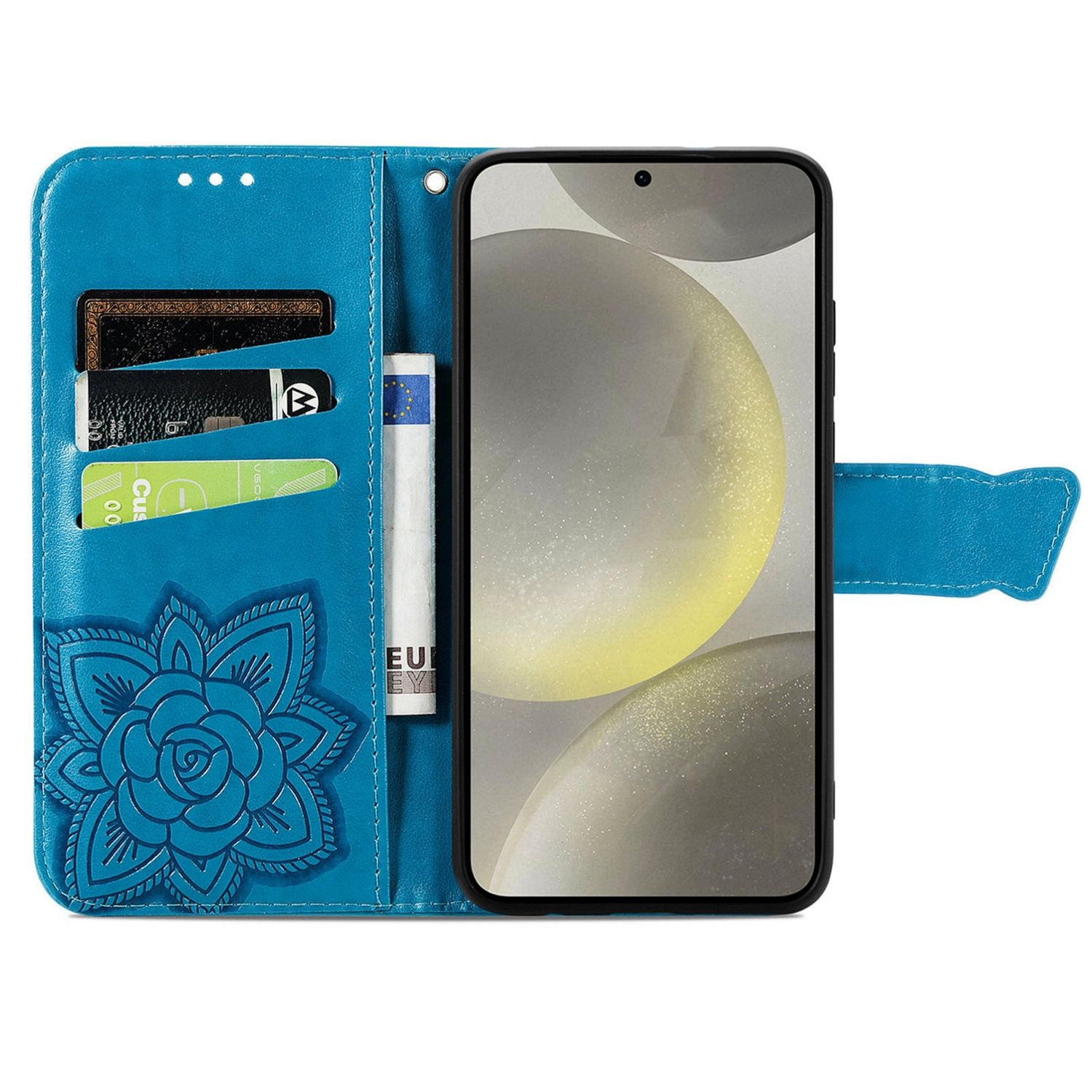 Una funda de teléfono turquesa con diseño floral, sosteniendo un teléfono. Dentro hay tarjetas y un billete. La funda está abierta.