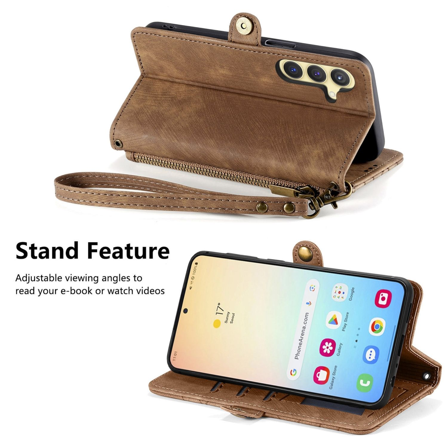 Una funda de teléfono de cuero marrón con un teléfono dentro. El teléfono está en el soporte. La pantalla muestra aplicaciones y el clima.