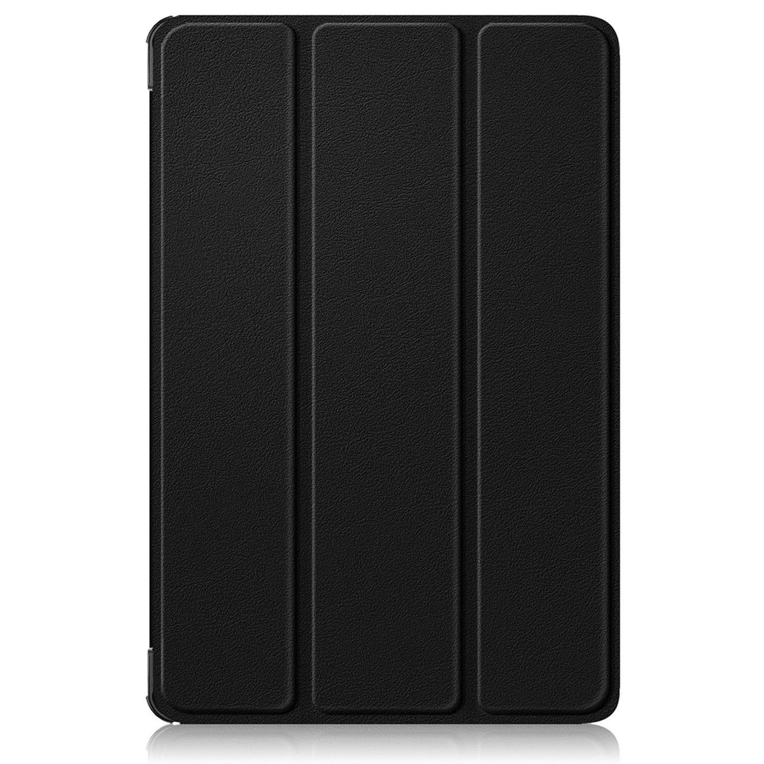 Eine schwarze Tablet-Hülle wird in vertikaler Ausrichtung gezeigt. Sie hat drei Abschnitte und eine strukturierte Oberfläche. Die Hülle spiegelt sich unten.