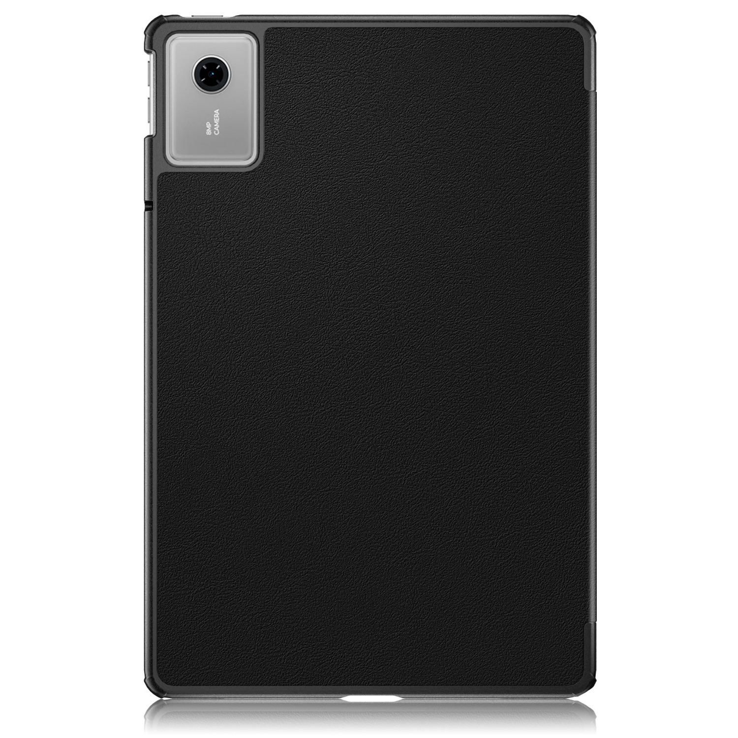 Schwarzes Tablet mit strukturierter Rückseite, Kamera oben links. Schwarzer Rahmen. Die Kamera hat ein Objektiv. Die Rückseite hat eine Lederstruktur.