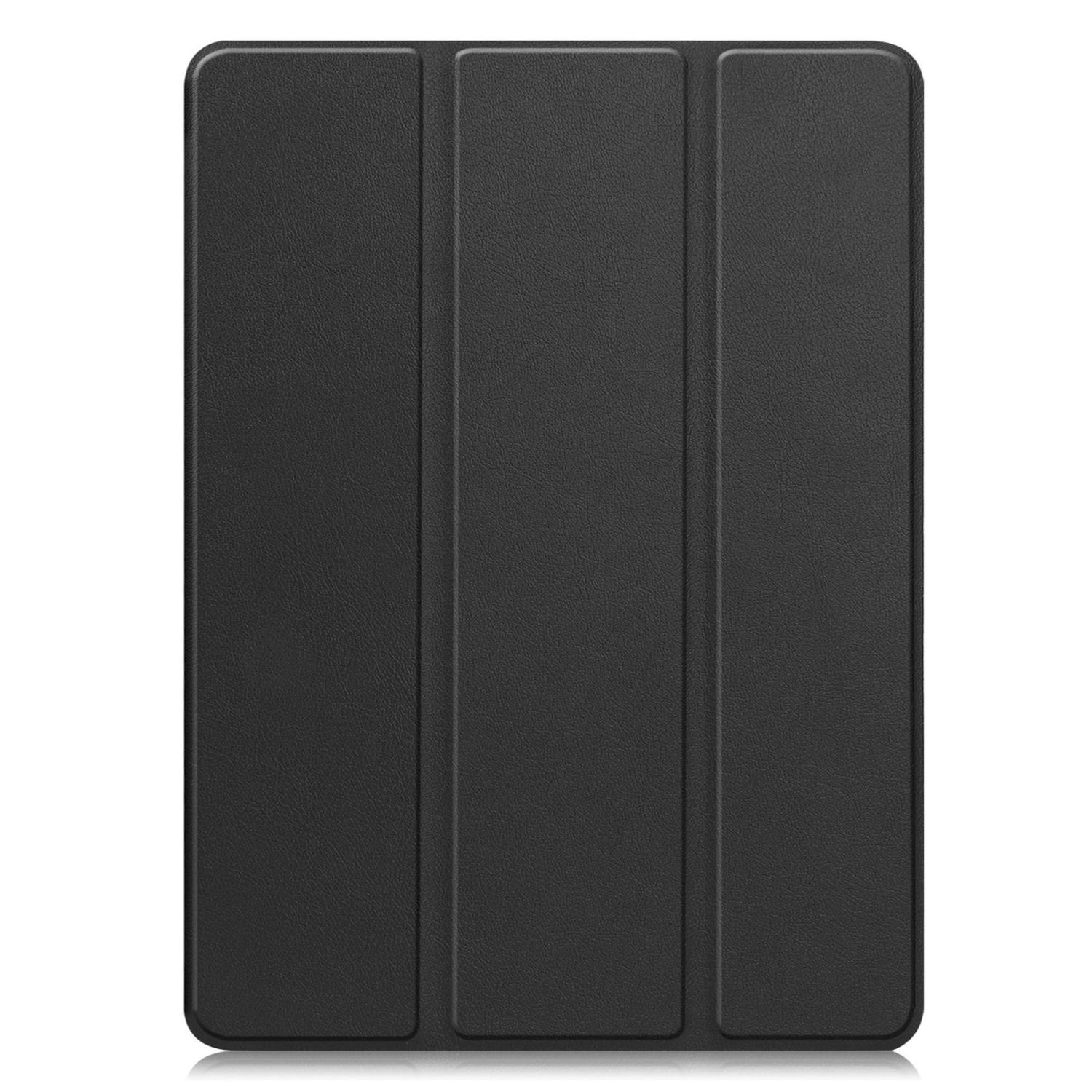 Una funda negra cerrada para tableta está centrada sobre un fondo blanco. La funda es rectangular con tres paneles verticales.