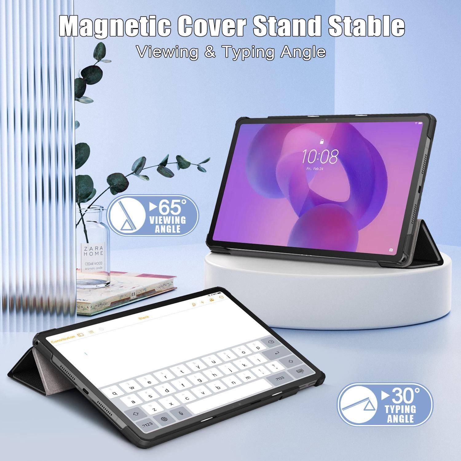 Zwei Tablets mit Hüllen werden gezeigt. Eines zeigt die Uhrzeit, das andere hat eine Tastatur. Eine Vase und ein Buch sind im Hintergrund.