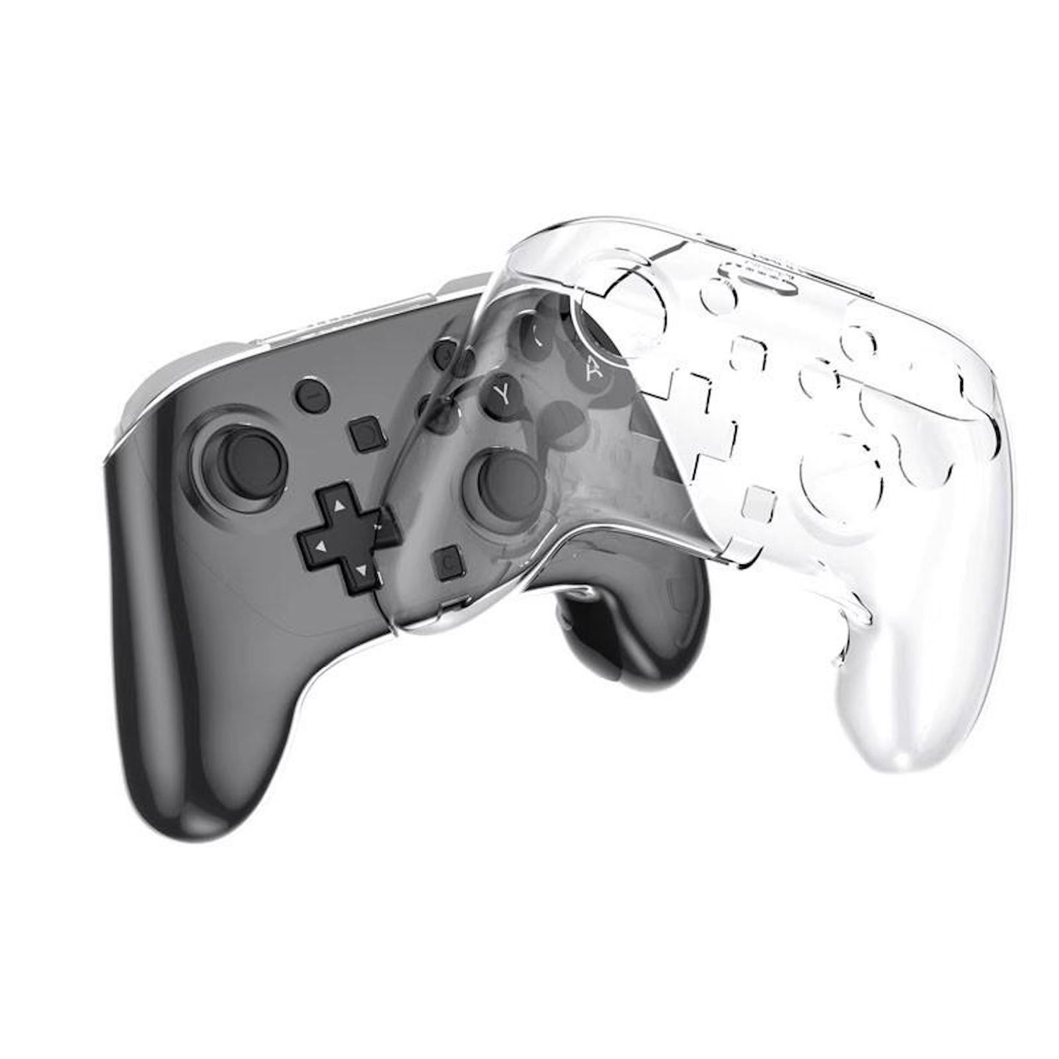 Zwei Gamecontroller, einer grau und einer transparent, überlappend. Jeder hat Knöpfe, Joysticks und ein Steuerkreuz. Weißer Hintergrund.