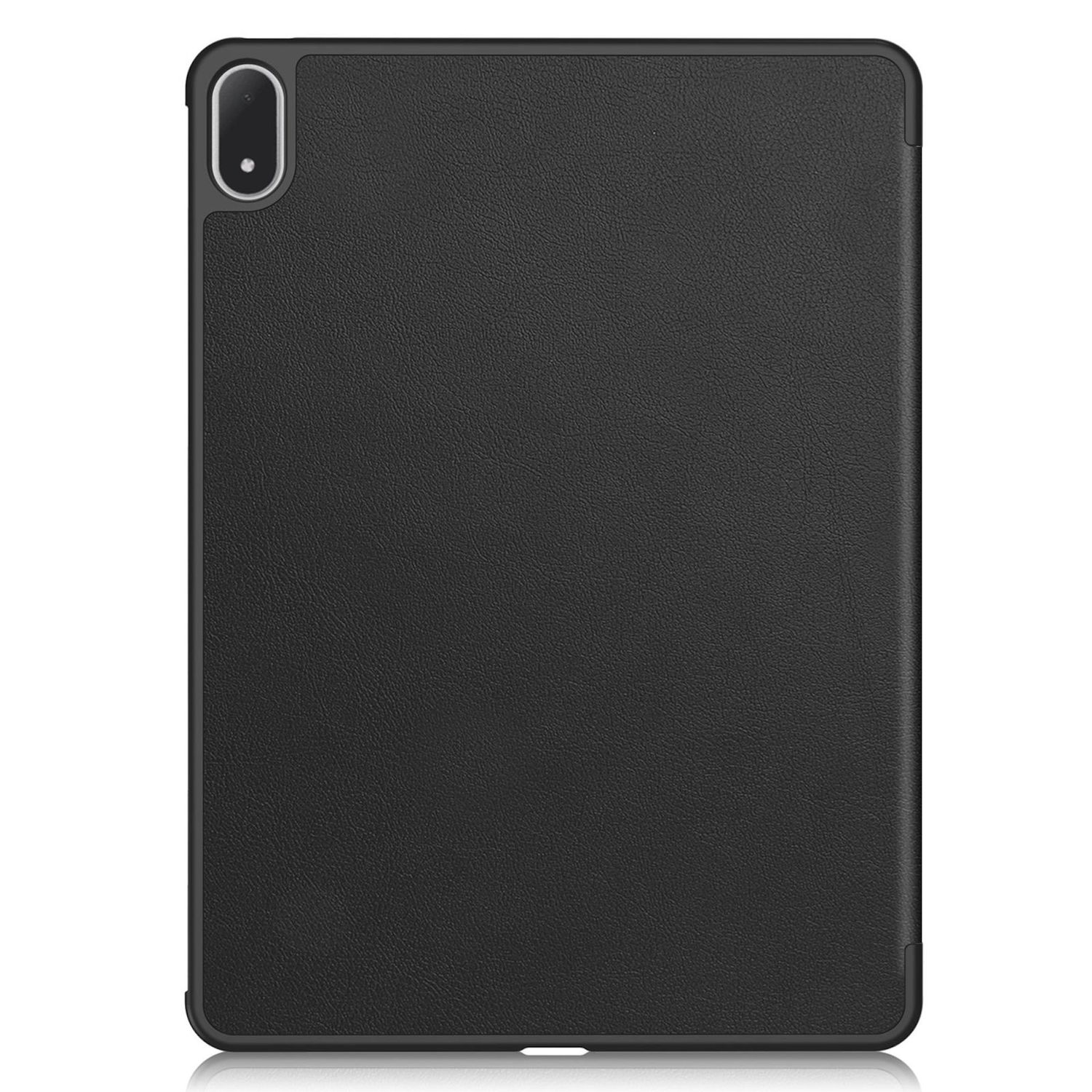 Una funda negra para tableta. La funda es rectangular con esquinas redondeadas. Tiene un recorte para la cámara y una superficie texturizada.