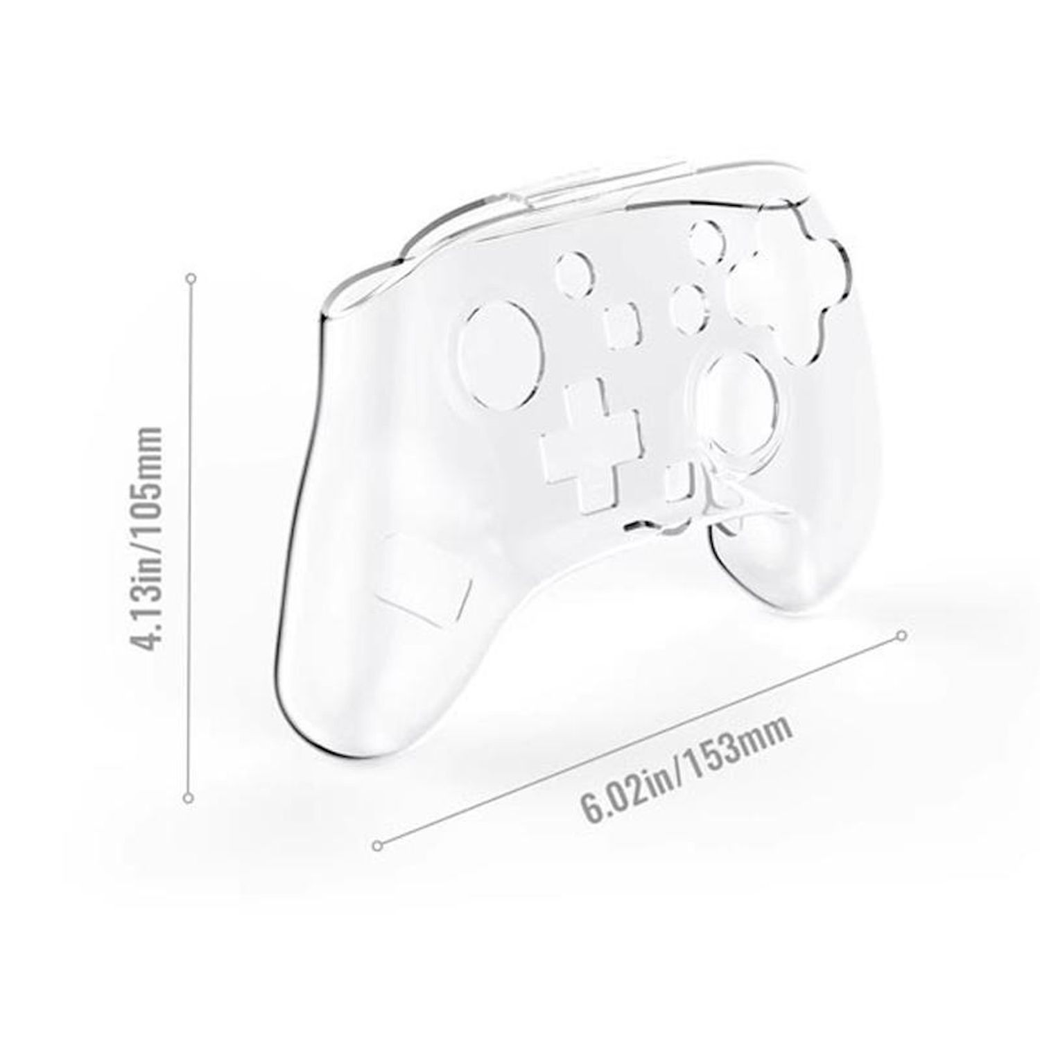 Eine transparente Gamepad-Hülle wird gezeigt. Die Abmessungen betragen 4,13 Zoll/105 mm und 6,02 Zoll/153 mm. Die Hülle hat Knopfumrisse.