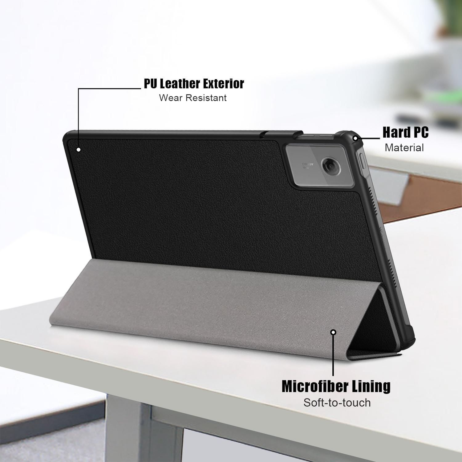 Schwarze Tablethülle mit grauem Ständer auf weißem Tisch. Merkmale sind PU-Leder-Außen, Hart-PC-Material und Mikrofaserfutter.