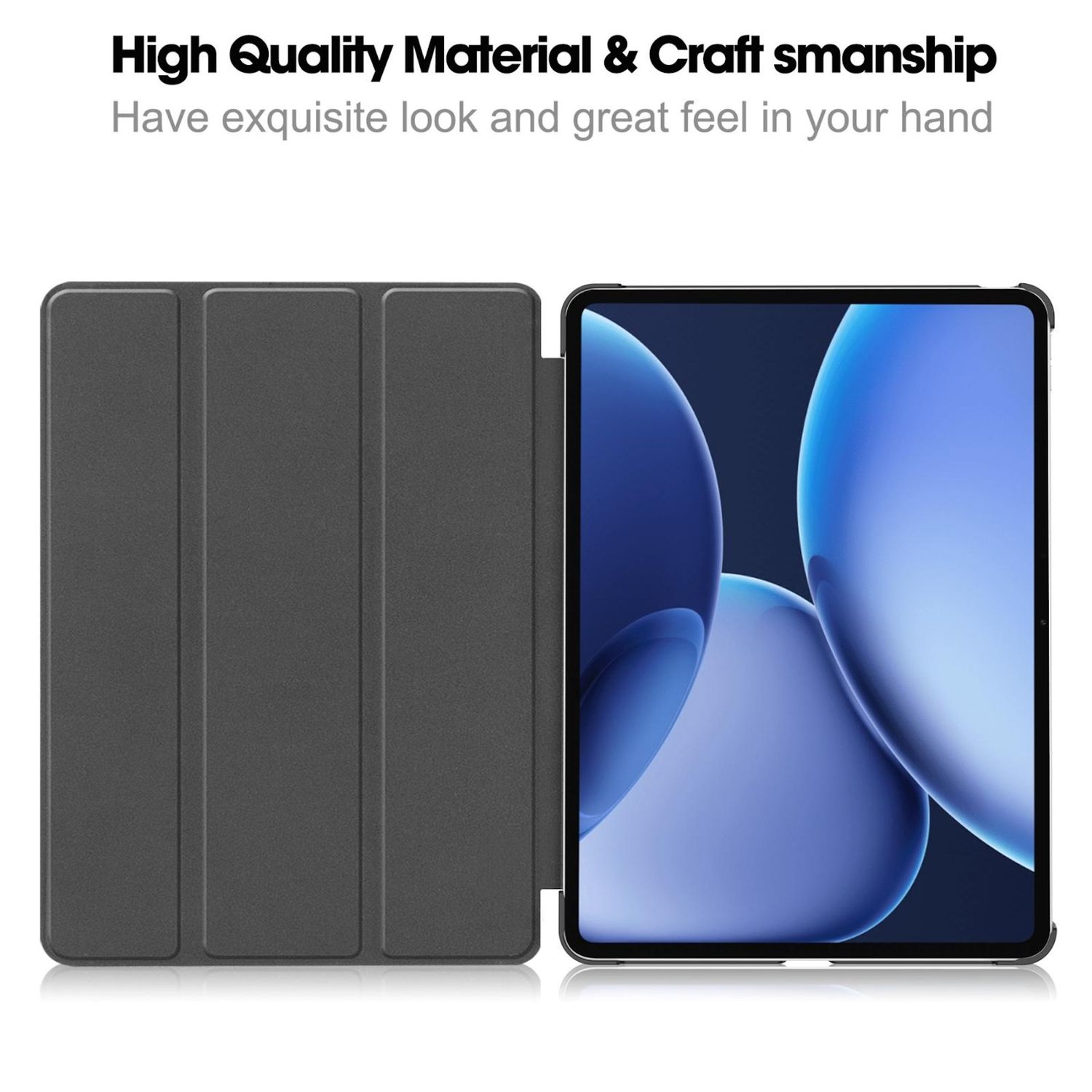 Tableta en una funda gris oscura. La tableta muestra una imagen azul y blanca. El texto superior dice 'High Quality Material'.