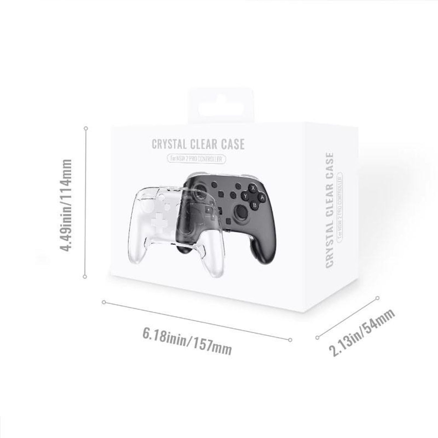 Eine transparente Controller-Hülle in ihrer Verpackung. Auf der Box steht 'CRYSTAL CLEAR CASE' mit Maßen. Der Controller ist sichtbar.