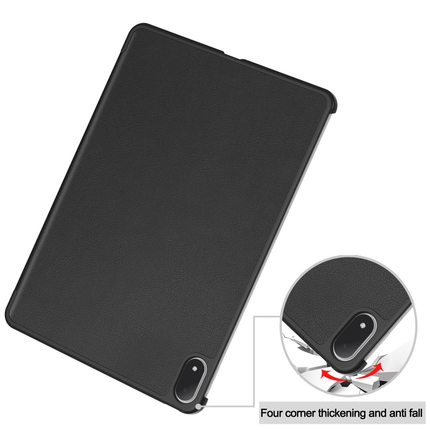 Funda negra para tablet con superficie texturizada. Diagrama muestra engrosamiento de esquina y funciones anticaída.