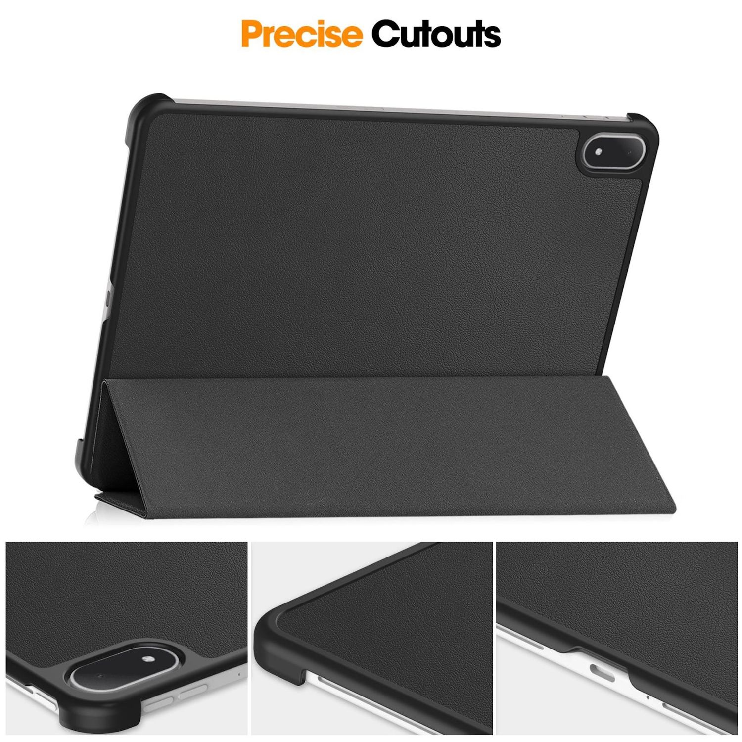 Funda negra para tableta con soporte. La tableta es negra, con cámara. Texto Precise Cutouts en la parte superior. Imágenes detalladas debajo.