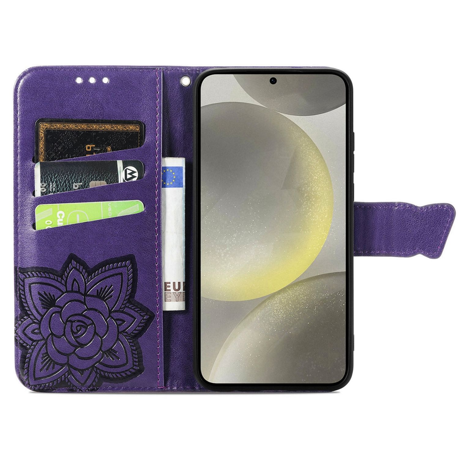 Lila Handyhülle mit Blumenmuster. Im Inneren sind ein Telefon, Kreditkarten und eine Rechnung zu sehen.
