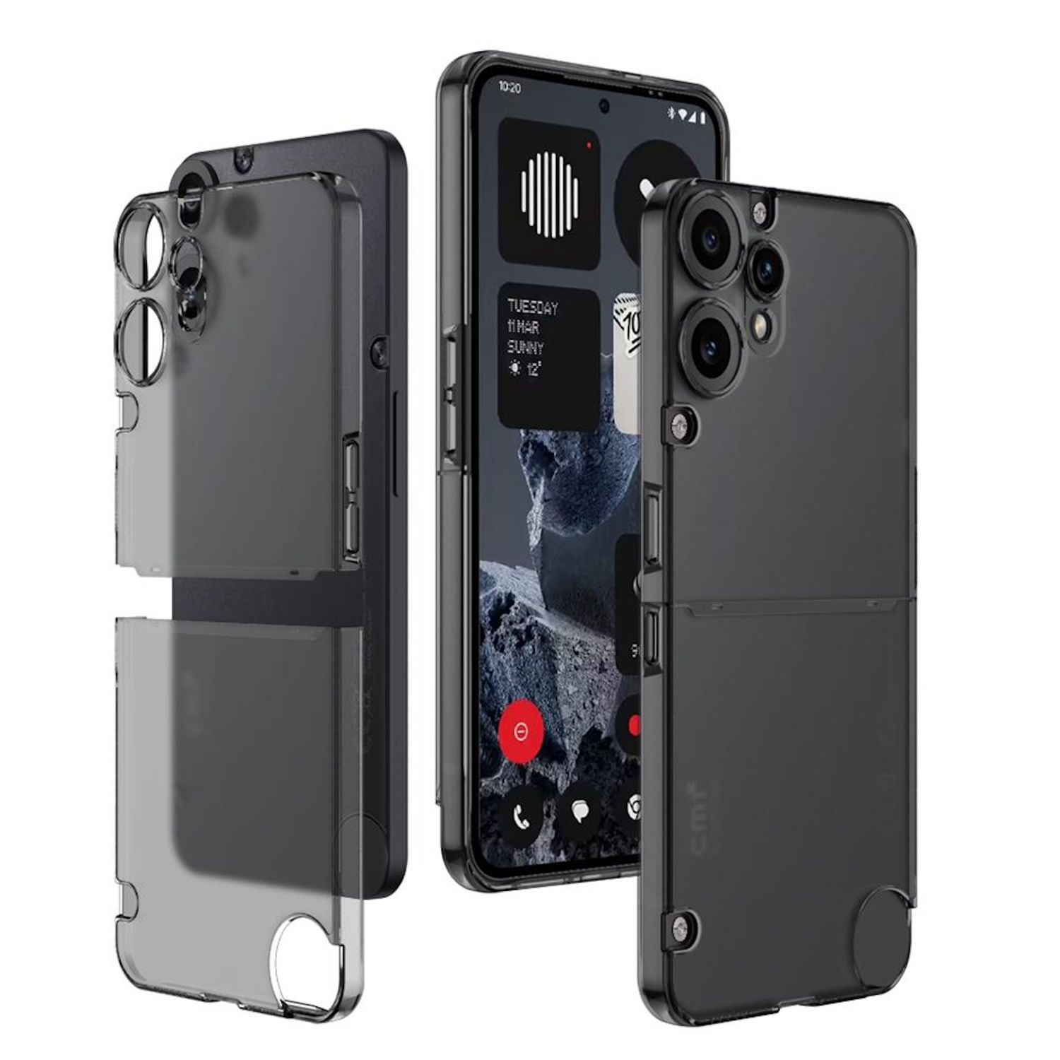 Drei schwarze Smartphones mit transparenten Hüllen. Eines ist geöffnet und zeigt einen Bildschirm mit Widgets. Die anderen sind geschlossen.