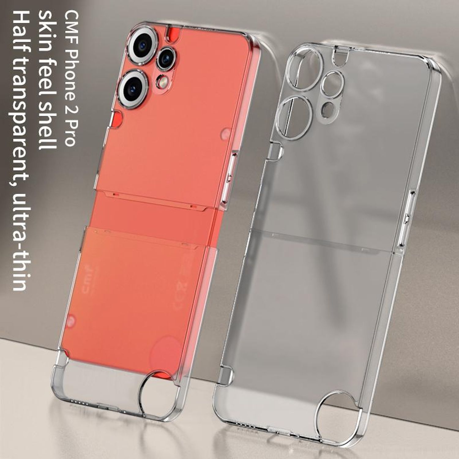 Zwei Handyhüllen, eine orangefarbene und eine transparente. Die orangefarbene Hülle ist offen. Beide haben Kameraausschnitte.