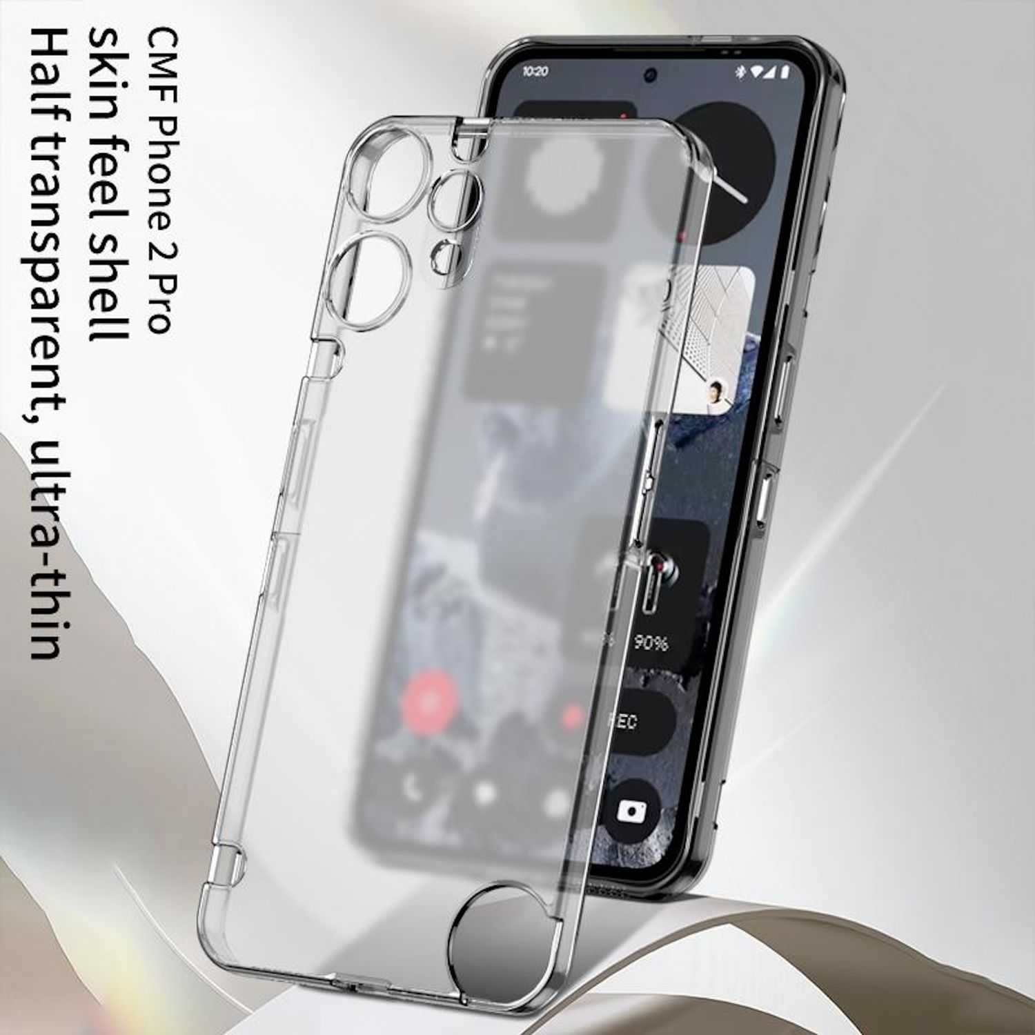 Eine transparente Handyhülle wird über ein schwarzes Smartphone gelegt. Das Telefon zeigt seine Benutzeroberfläche. Text auf der Seite hebt das Produkt hervor.