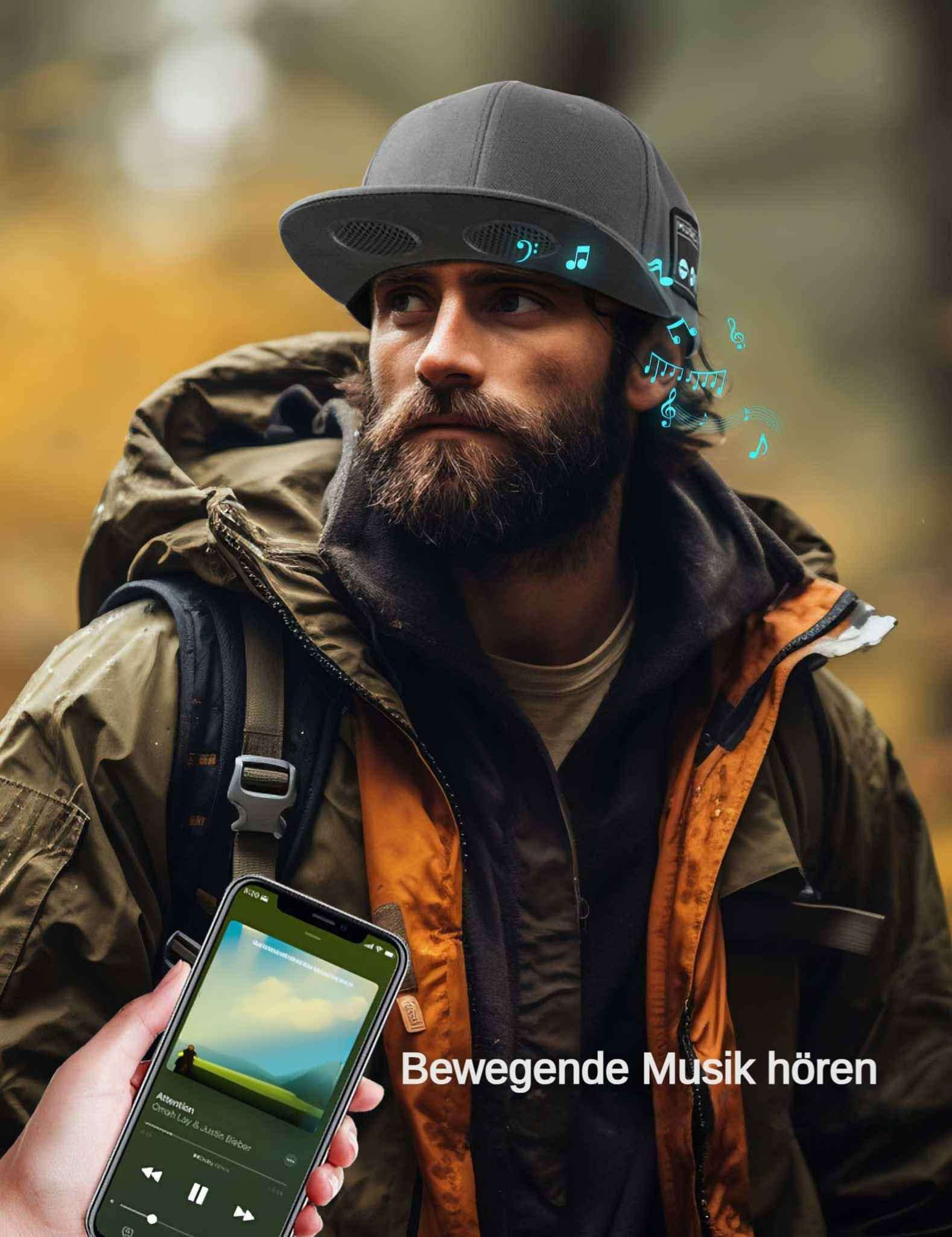 Ein bärtiger Mann mit Hut und Lautsprechern hört Musik. Ein Telefon zeigt Musikbedienelemente. Musiknoten schweben.