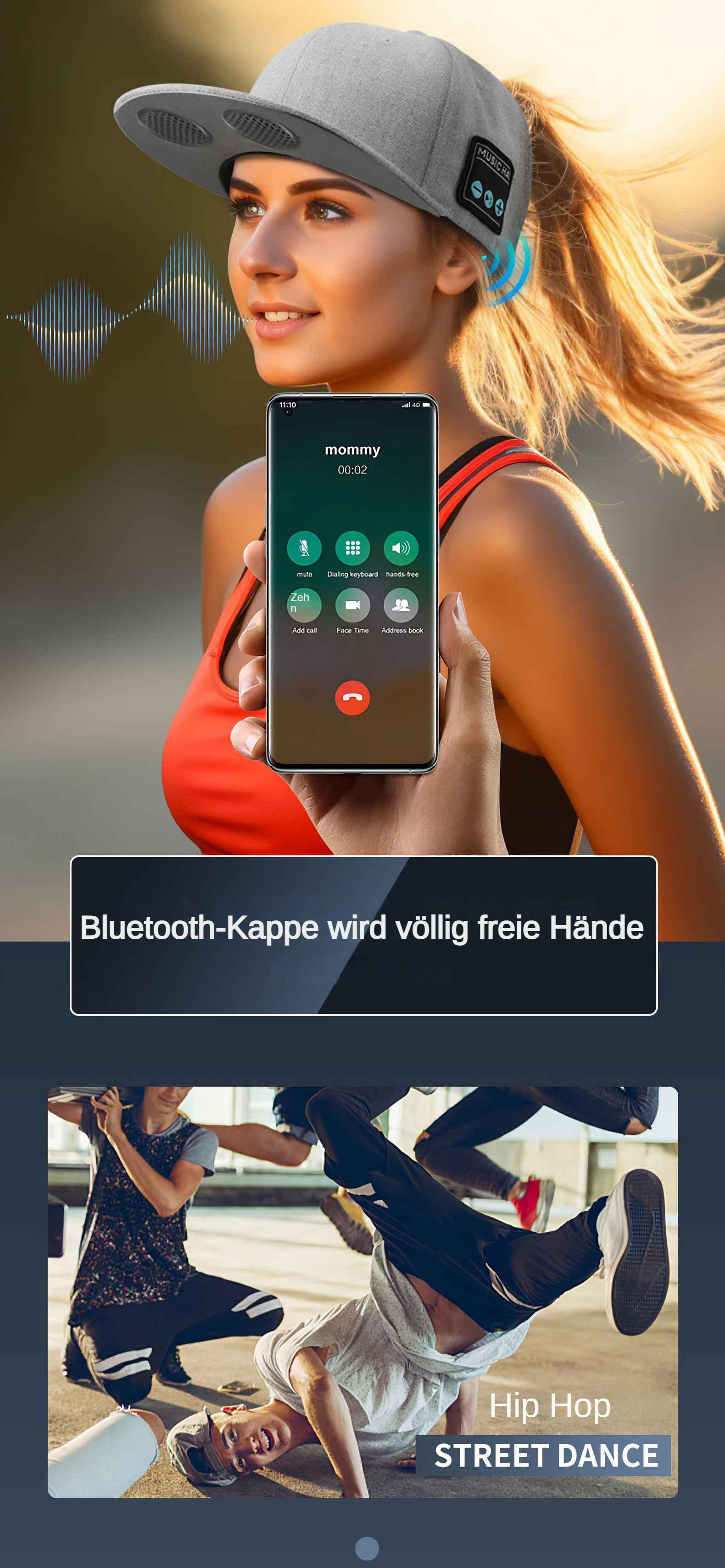 Frau mit Kappe, Handy mit Anruf von Mommy. Unten Breakdance auf der Straße.