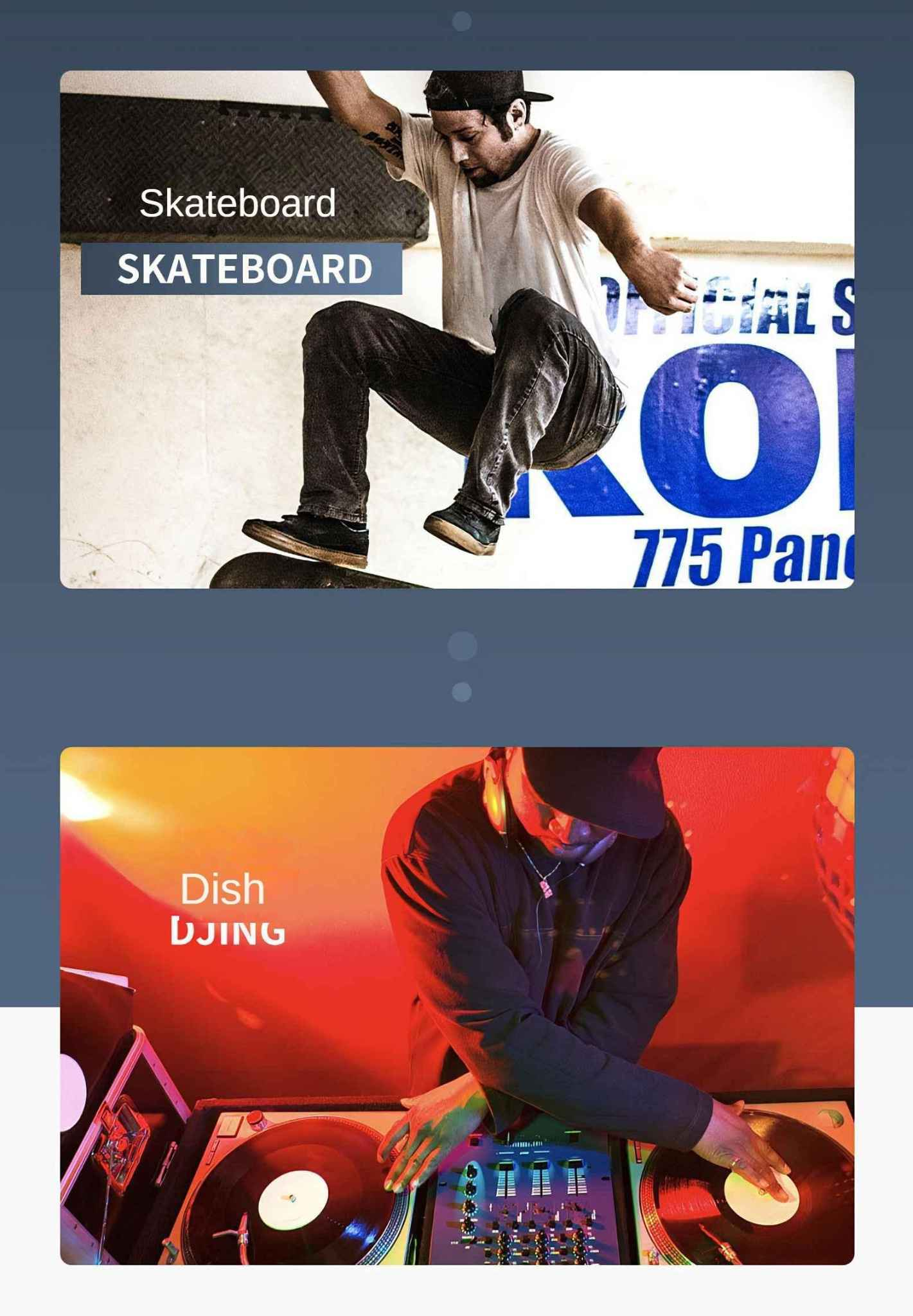 Ein Mann auf einem Skateboard in der Luft. Der Hintergrund hat ein blaues Logo. Ein anderes Bild zeigt einen DJ mit Plattenspielern.