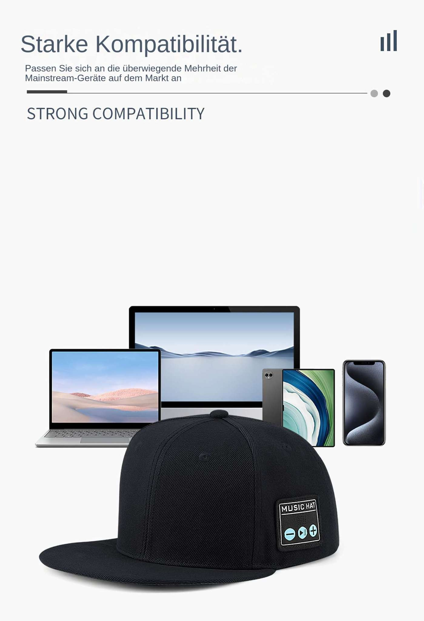 Eine schwarze Kappe mit Music Hat-Logo vor Laptop, Tablet und Smartphones. Text: Starke Kompatibilität.