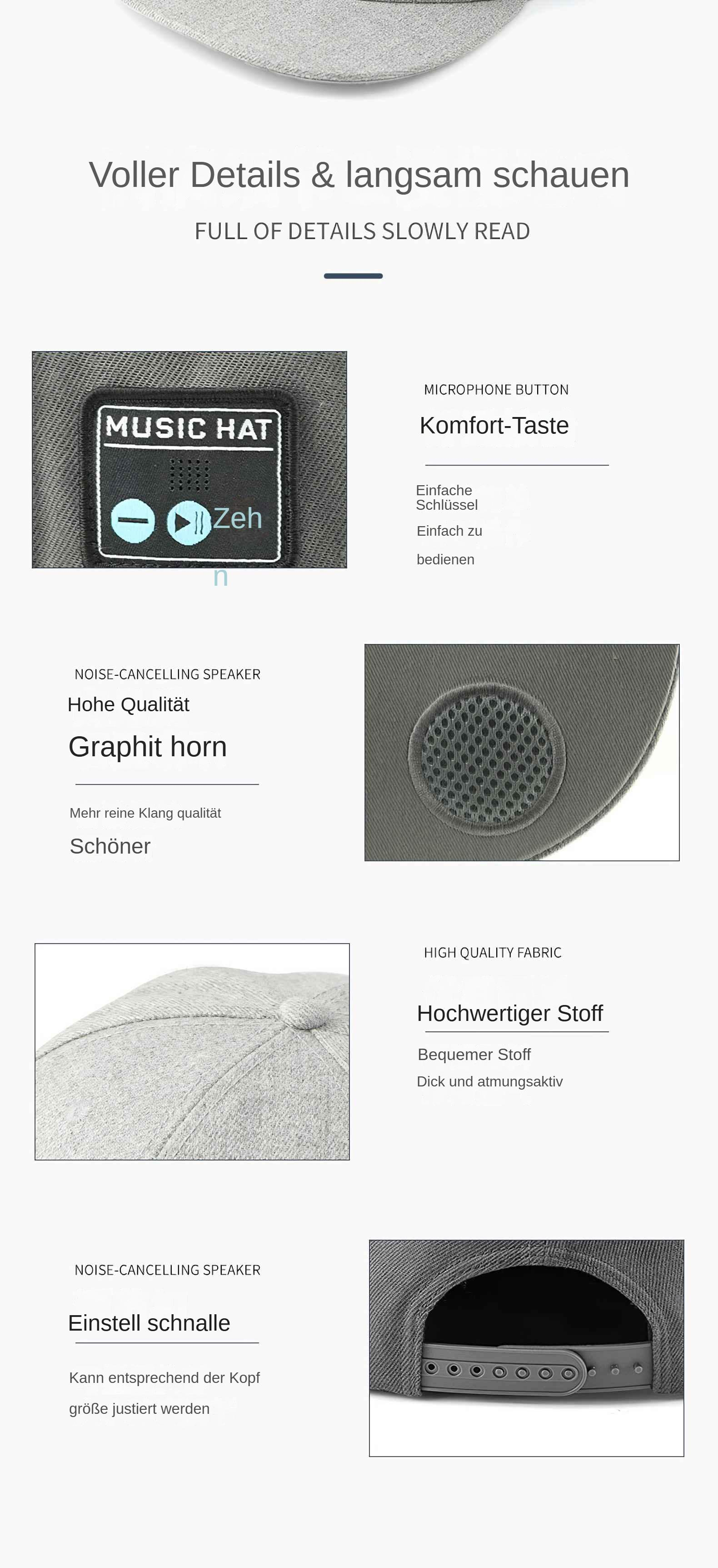 Graue Musikmütze mit Aufnäher, Knopf und Lautsprecher. Text beinhaltet 'Music Hat', 'Graphit horn' und 'Einstell schnalle'.