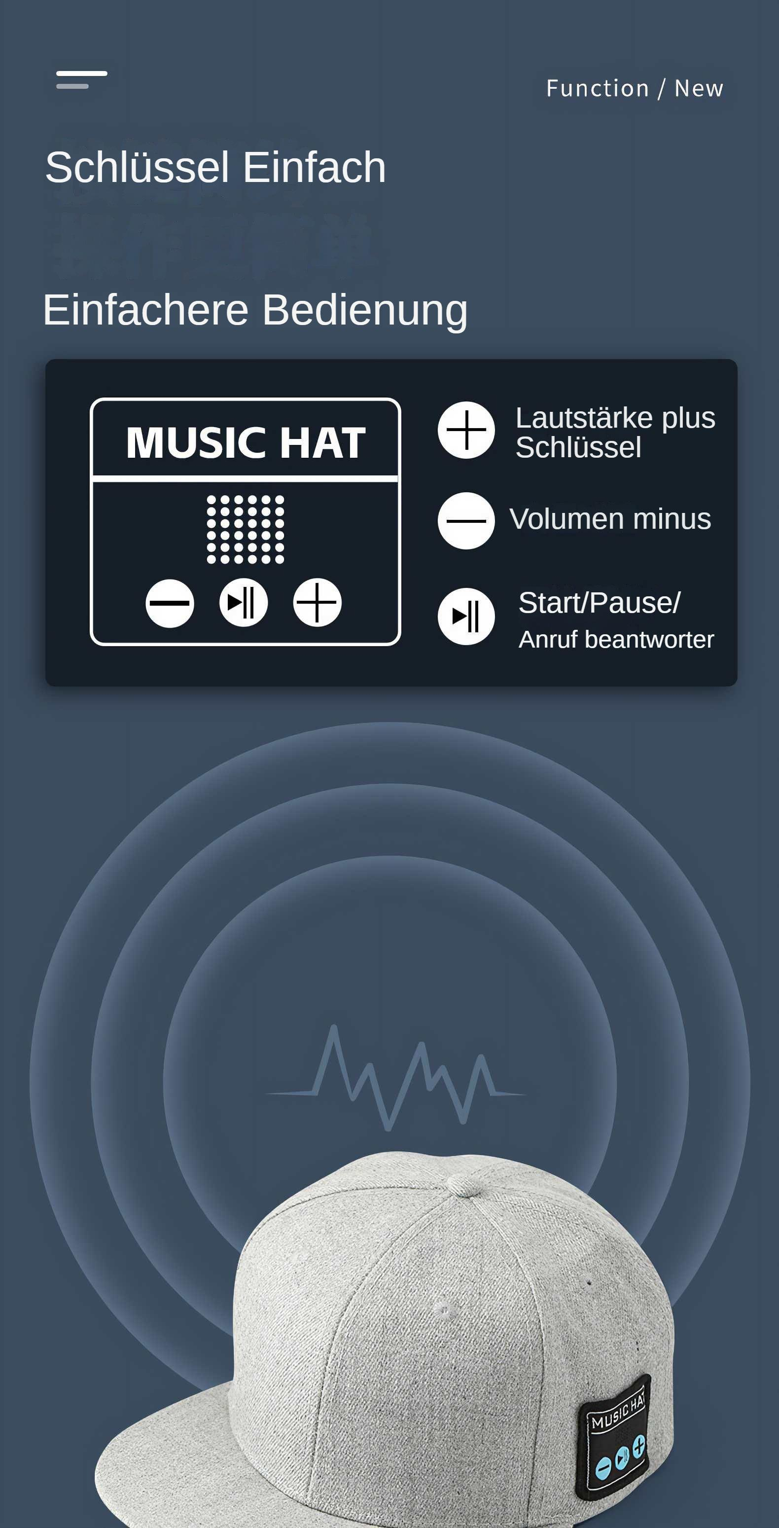Grauer Music Hat vor blauem Hintergrund. Text und Funktionstasten sind weiß dargestellt.