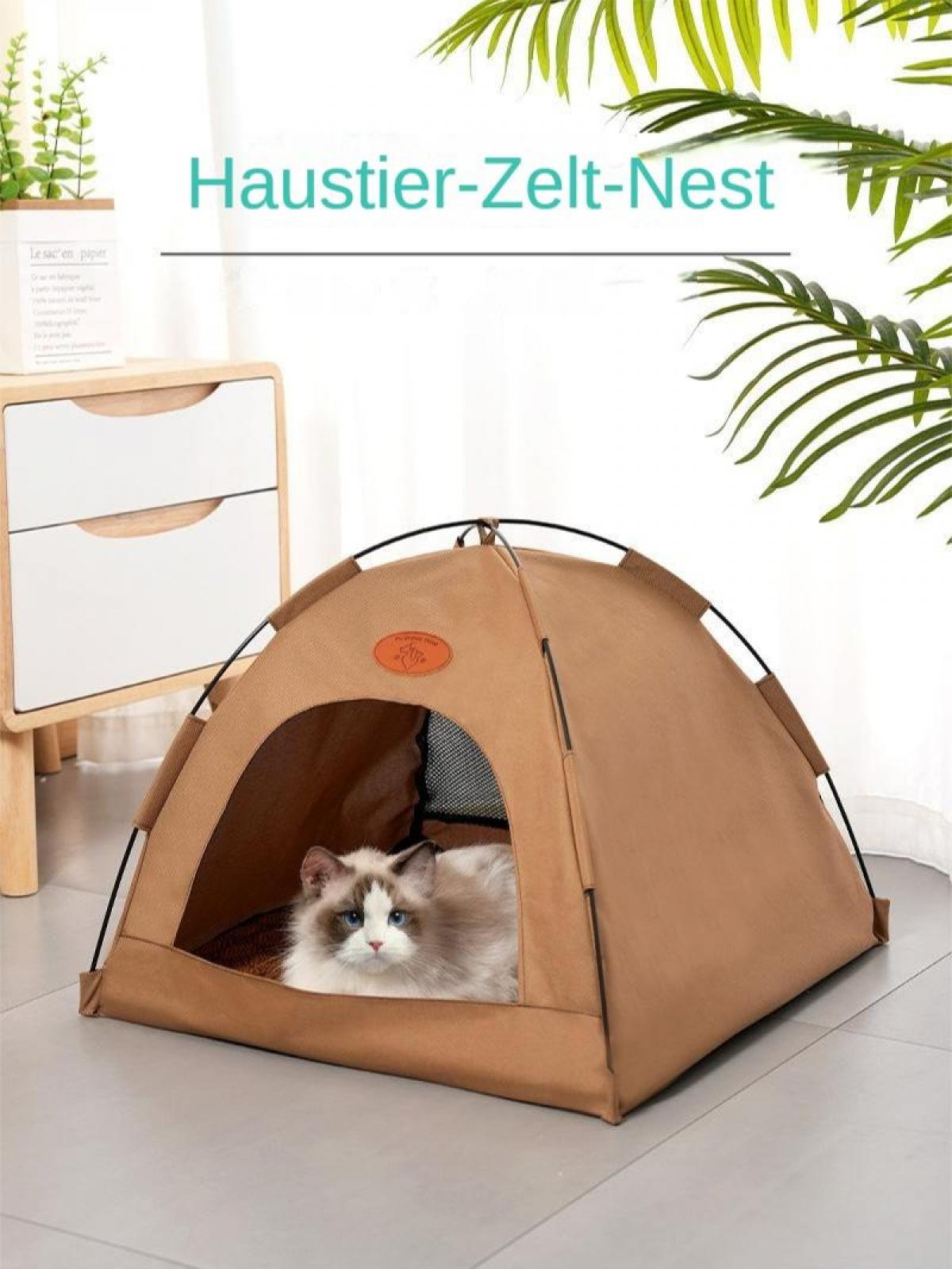 Eine Katze in einem zeltartigen braunen Bett. Ein weißer Nachttisch mit Pflanze links. Text 'Haustier-Zelt-Nest' oben.