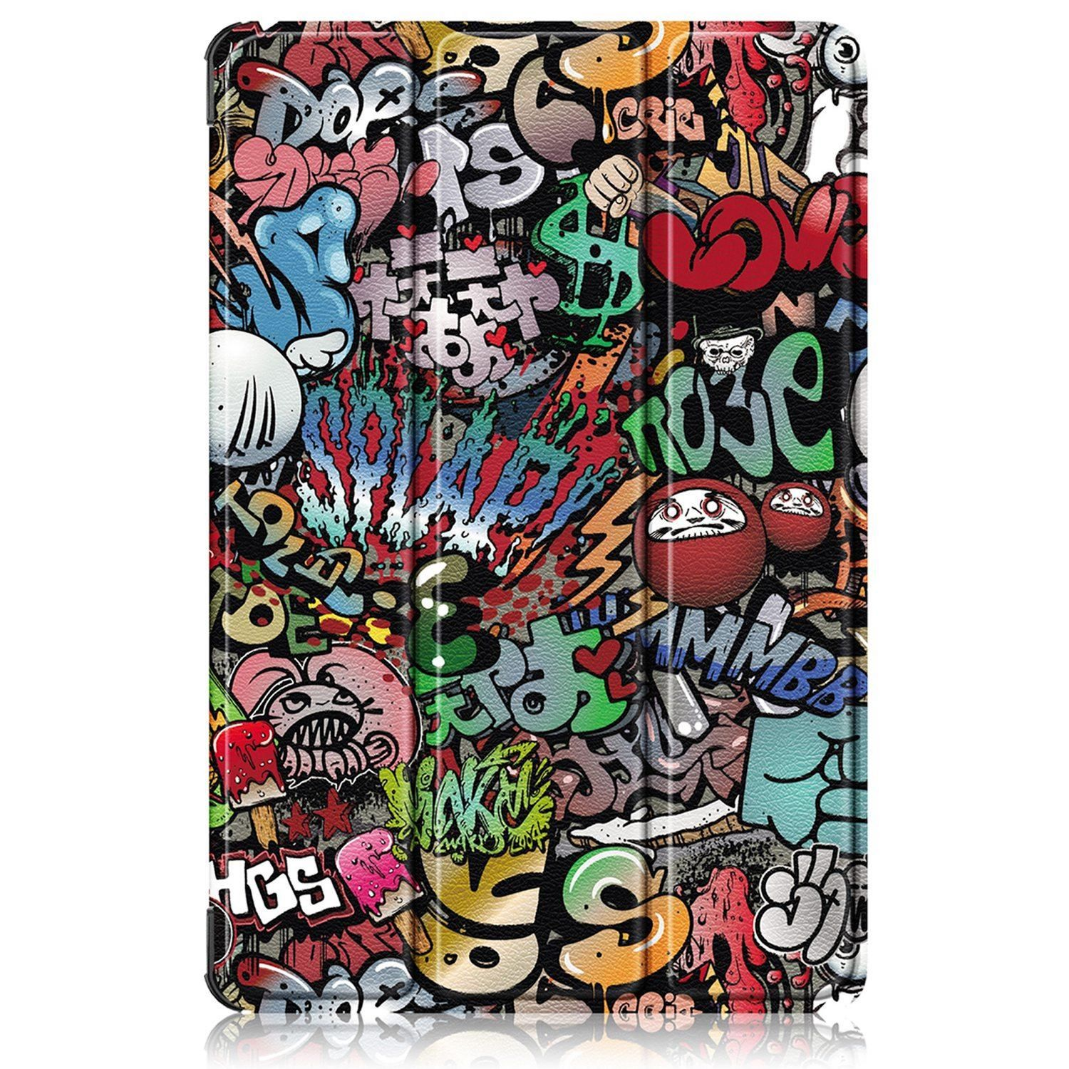 Tablethülle mit farbenfroher Graffiti-Kunst. Enthält verschiedene Formen, Buchstaben und Charaktere in leuchtenden Farben. Ein kühnes, urbanes Design.