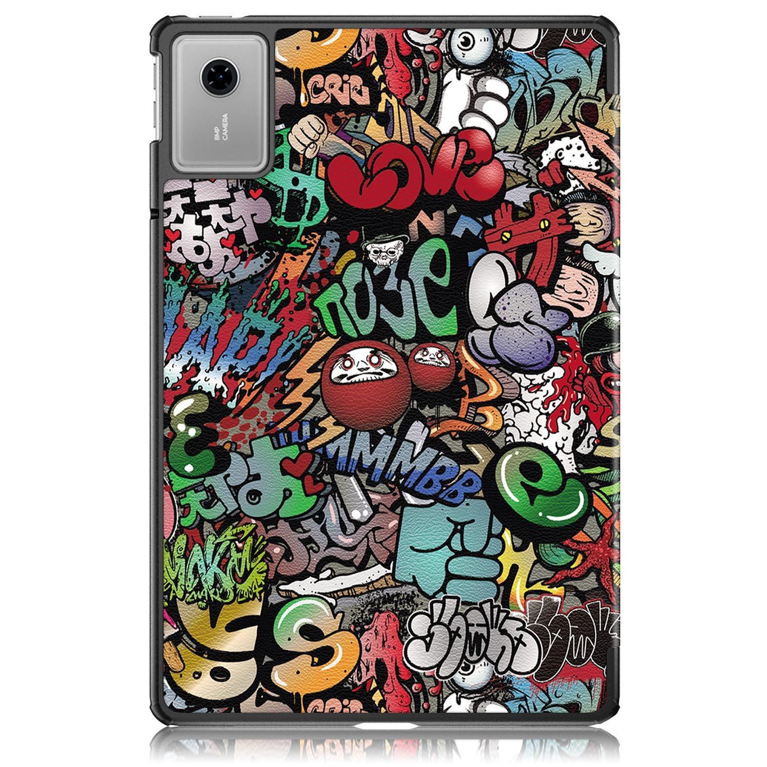 Tablethülle mit Graffiti-Kunst. Roter 'LOVE'-Text, bunte Tags und eine Handykamera an der Seite. Schwarzer Rahmen und Spiegelung.