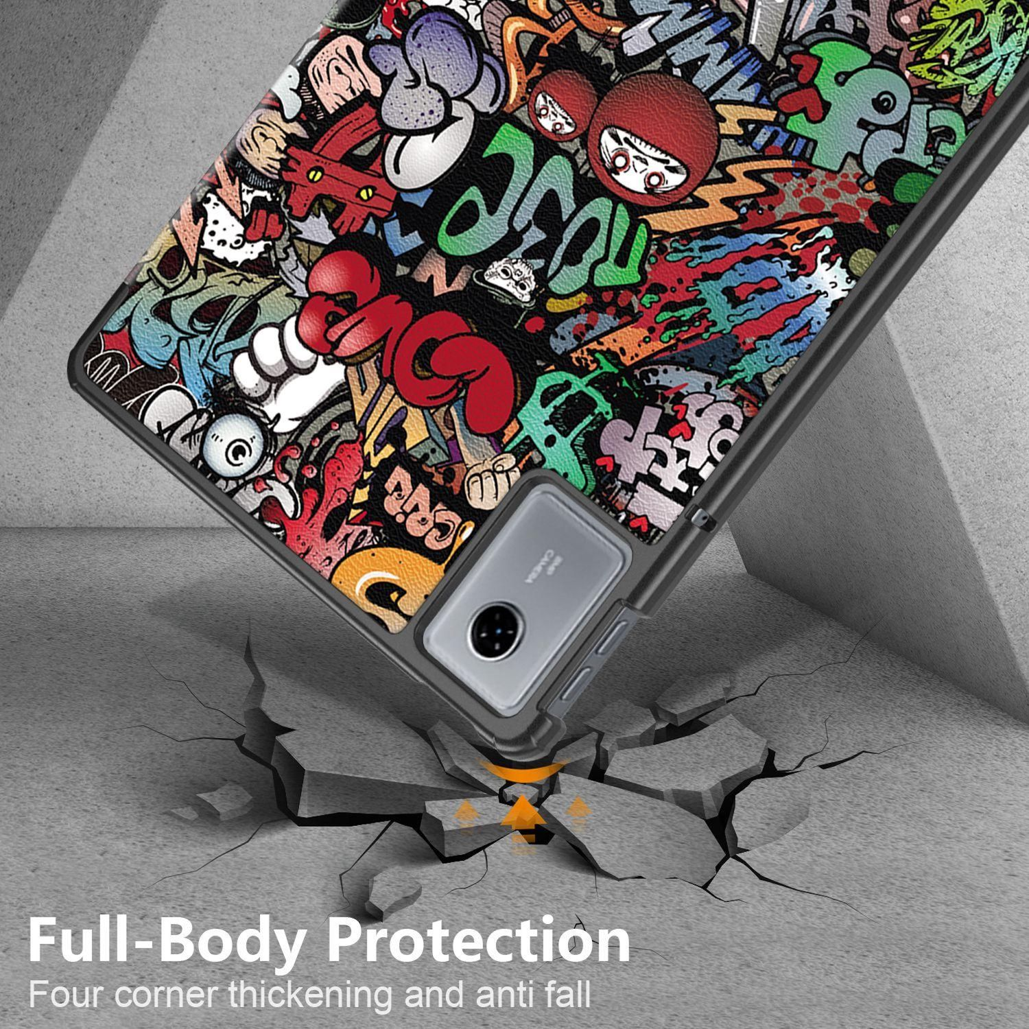 Eine Handyhülle mit Graffiti-Design fällt und lässt den Boden zerbrechen. Die Hülle befindet sich in einem Schutzrahmen mit Kamera.