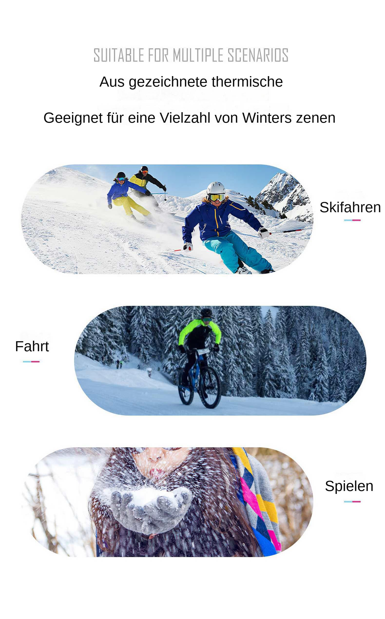 Das Bild zeigt Winteraktivitäten: Skifahren, Radfahren und Spielen mit Schnee. Menschen betreiben Wintersport im Freien.