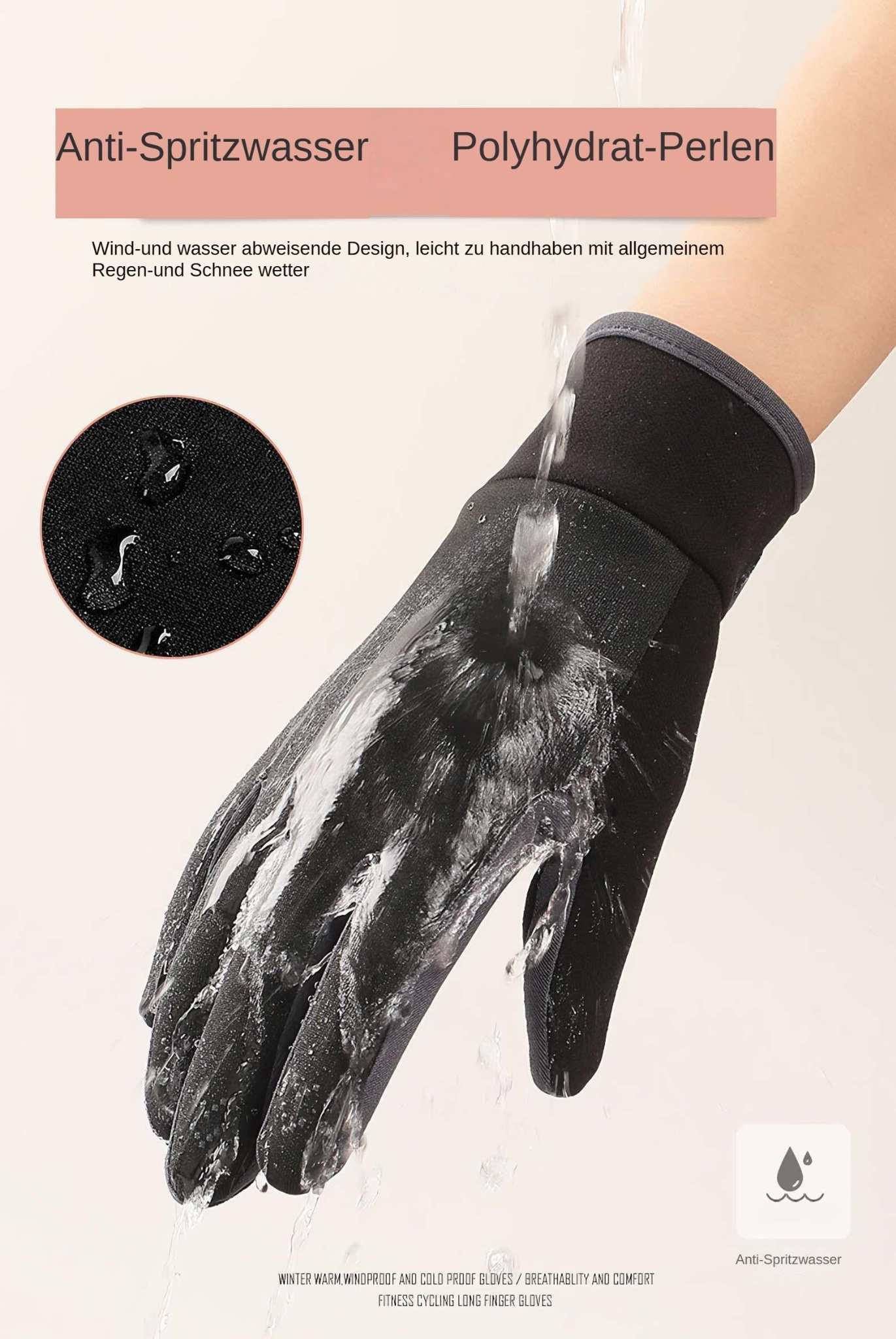 Schwarzer Handschuh, der mit Wasser besprüht wird. Der Handschuh ist wasserdicht, mit Wasser, das sich darauf abperlt. Der Hintergrund ist hellpfirsichfarben.