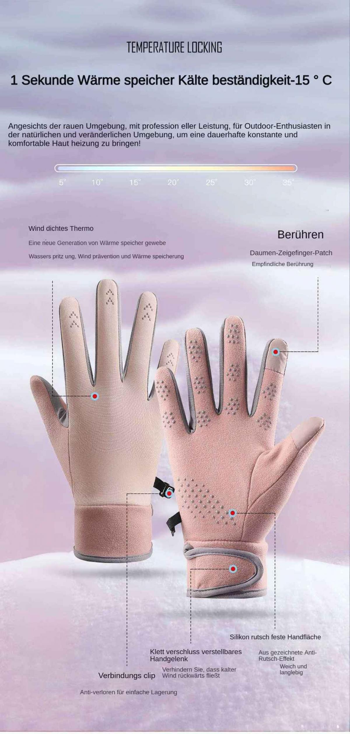 Das Bild zeigt zwei rosa Handschuhe mit beschriebenen Merkmalen wie Touchpoints und rutschfesten Silikonhandflächen. Text auf Deutsch.