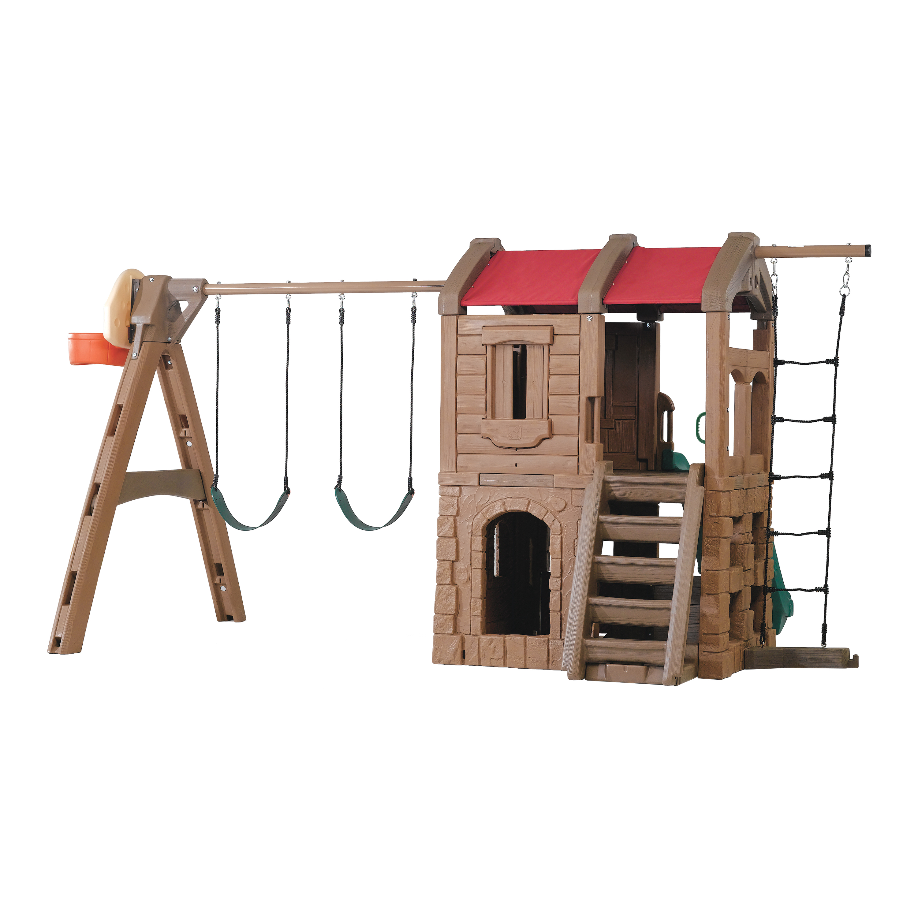 Ein braunes und rotes Spielset mit Schaukel, Kletternetz, Rutsche und einem kleinen Spielhaus.