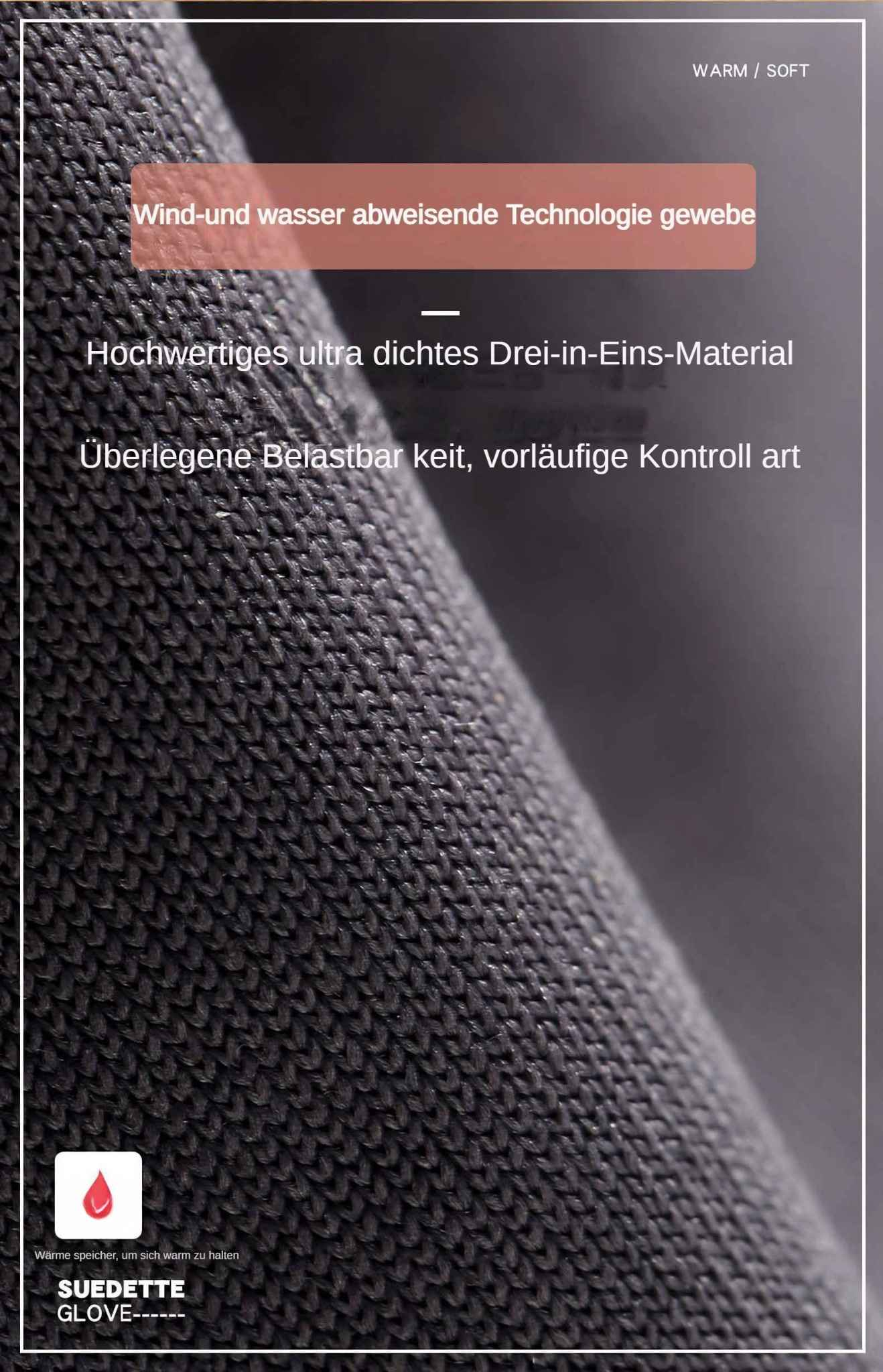 Nahaufnahme eines dunkelgrauen Stoffes. Text beschreibt wind- und wasserabweisende Technologie, hochwertiges Material und Wärmespeicherung.
