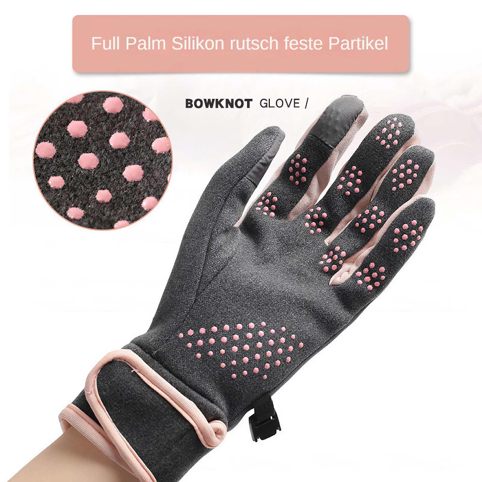 Grauer Handschuh mit rosa Griffpunkten, Nahaufnahme zeigt die Griffflächen. Oben steht Text 'Full Palm Silikon'. Label ist 'BOWKNOT GLOVE'.