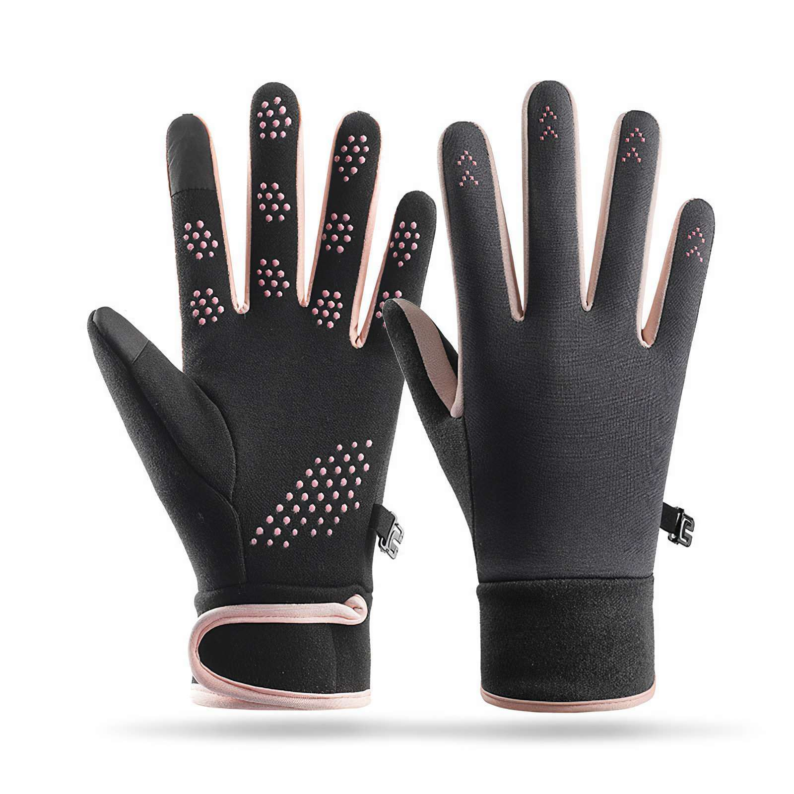 Schwarze Handschuhe mit rosa Akzenten, mit rosa Punkten auf den Handflächen und Fingerspitzen. Ein Riemen sichert die Handschuhe, vor weißem Hintergrund.