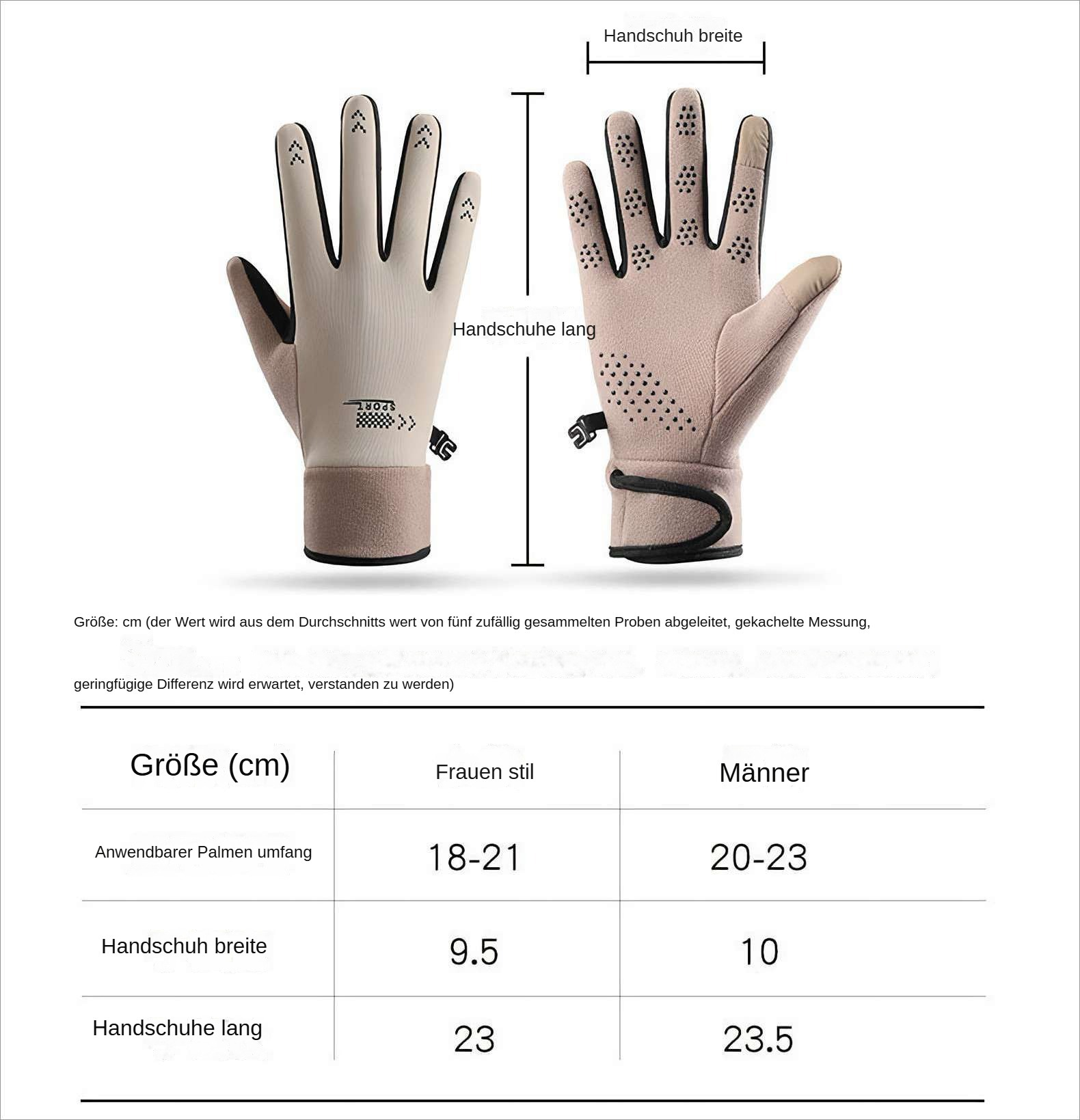Das Bild zeigt zwei Handschuhe mit Maßen. Größen sind in cm für Frauen und Männer angegeben. Die Handschuhe sind beige mit schwarzen Details.